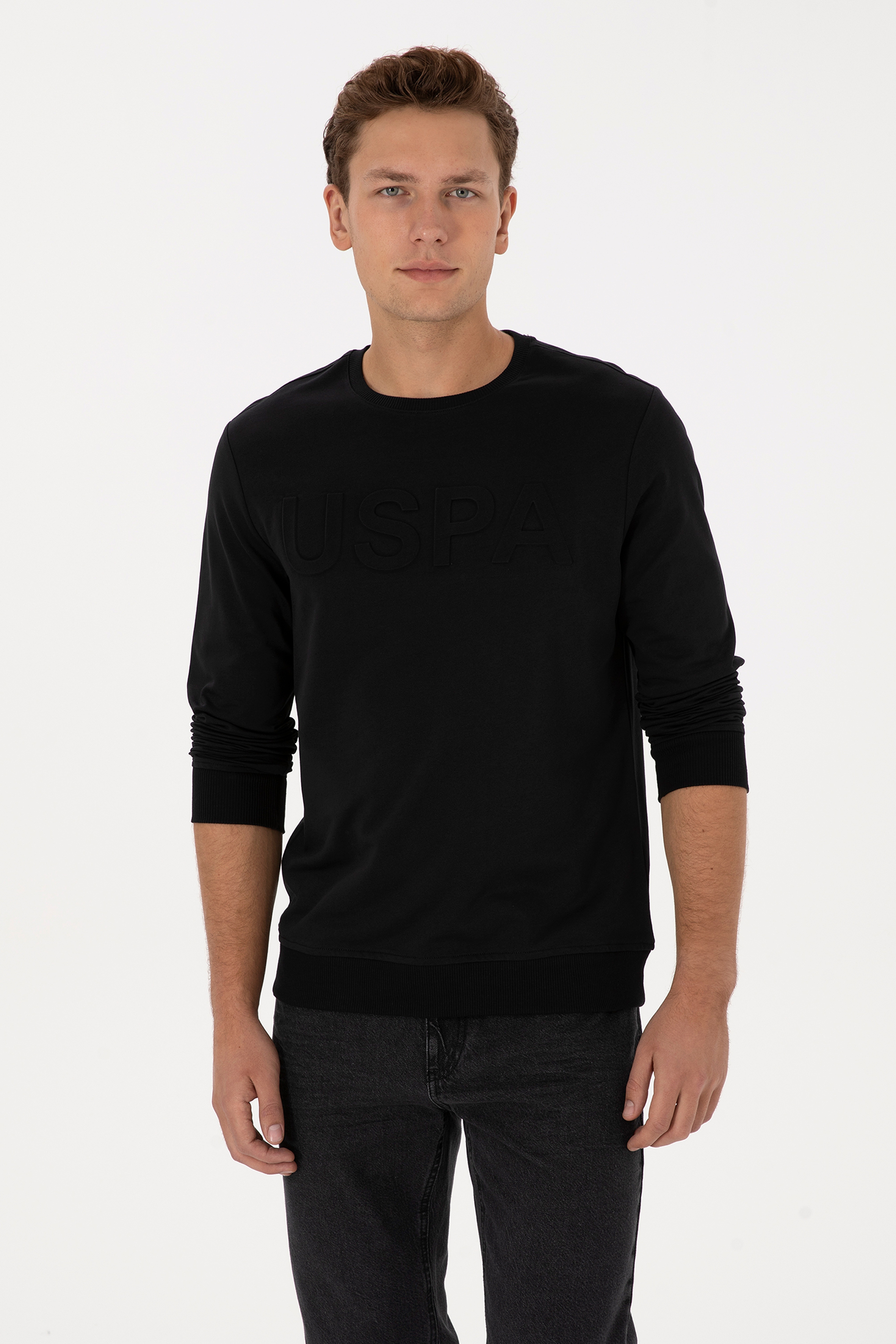 Erkek Regular Fit Bisiklet Yaka Siyah Basic Sweatshirt - Image 1