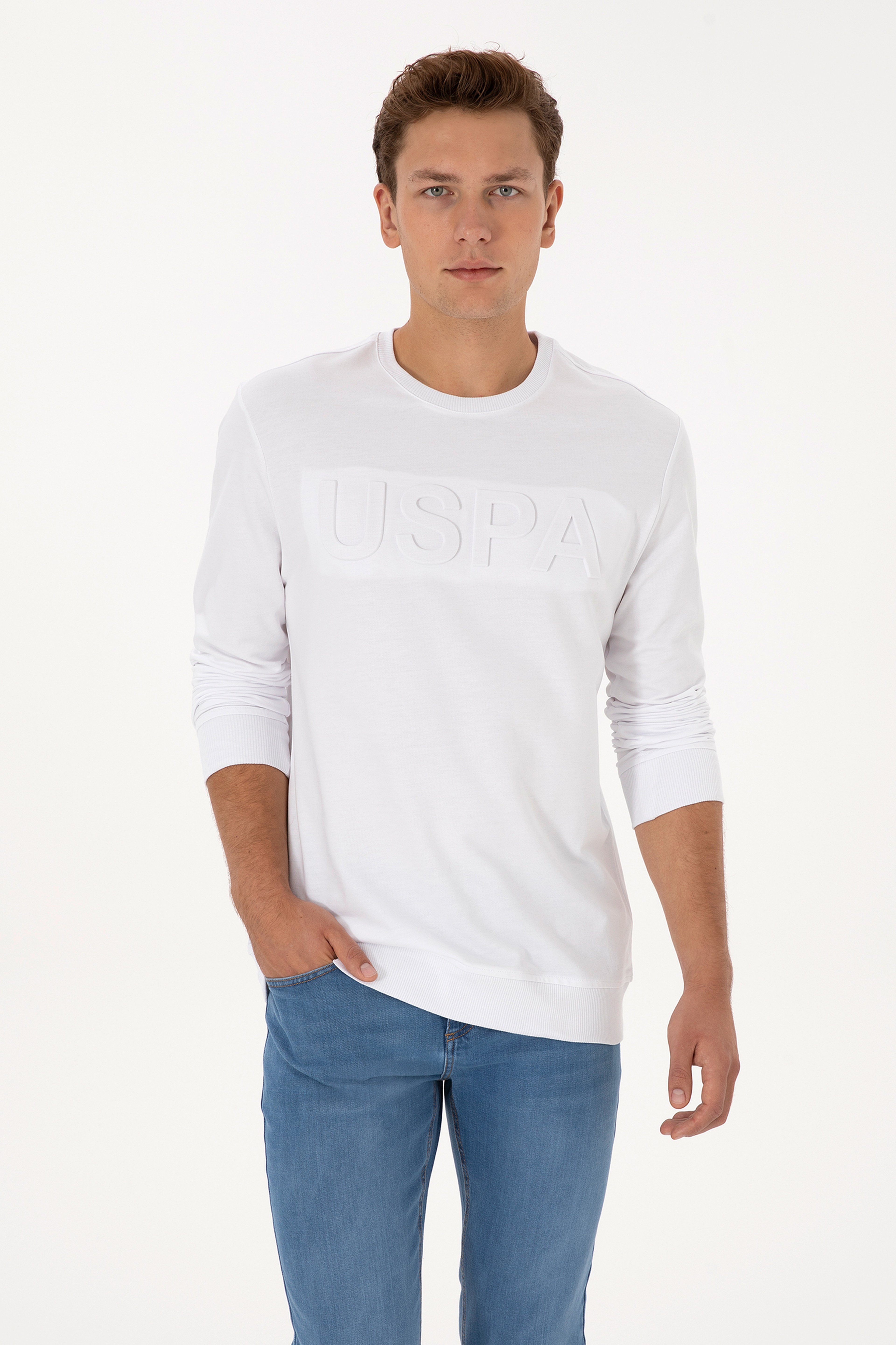 Erkek Regular Fit Bisiklet Yaka Beyaz Basic Sweatshirt - Image 1