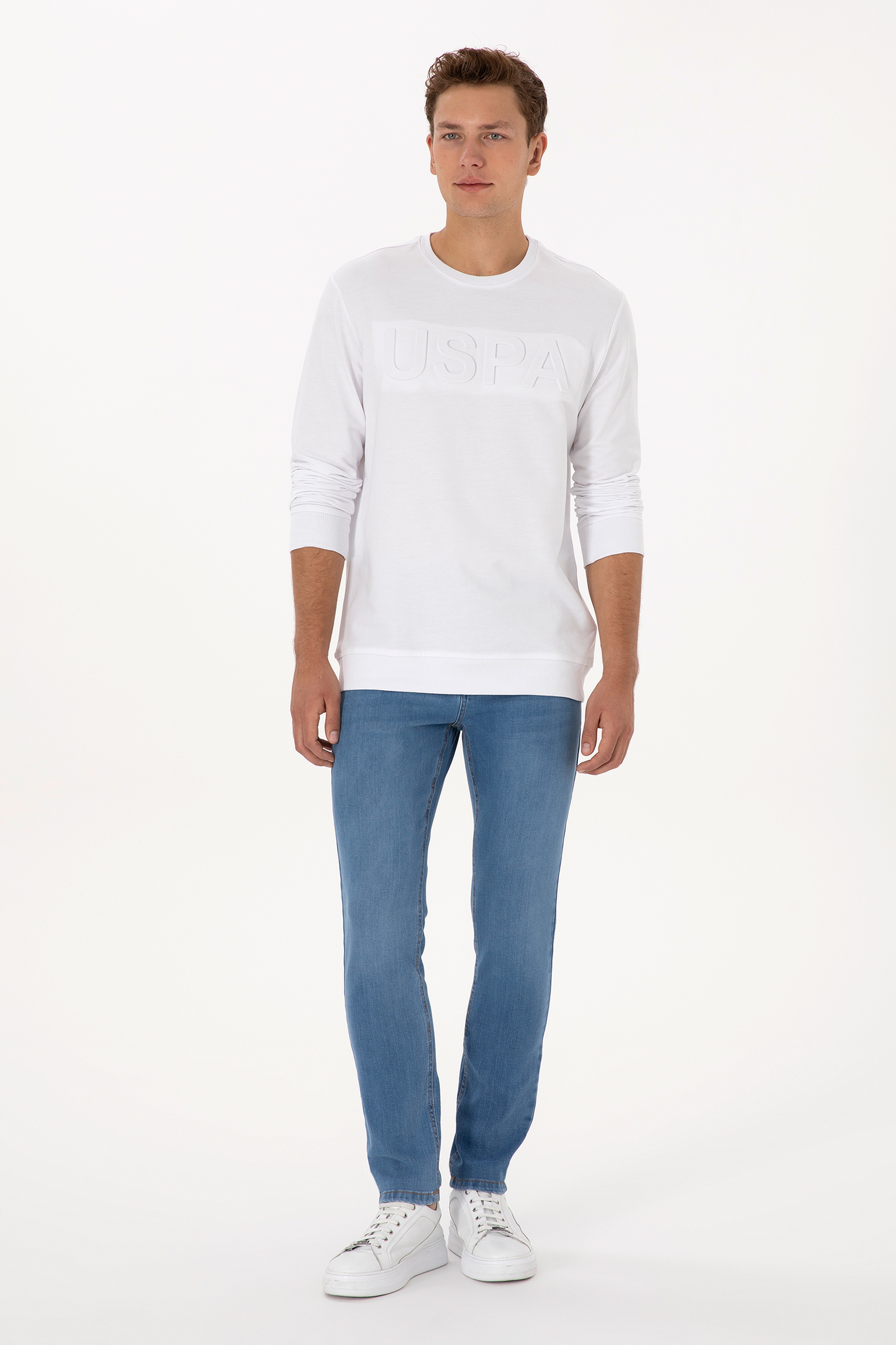 Erkek Regular Fit Bisiklet Yaka Beyaz Basic Sweatshirt