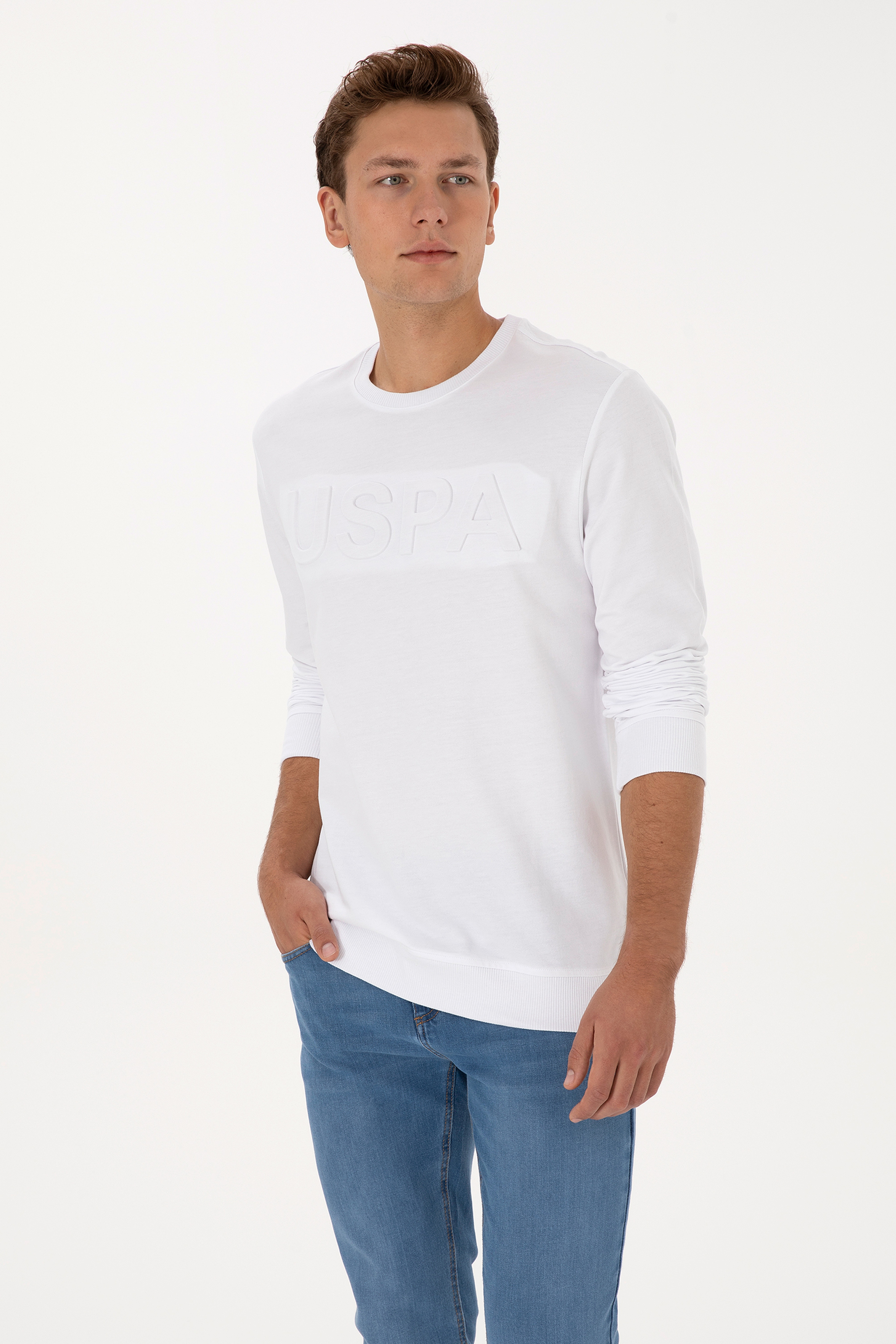 Erkek Regular Fit Bisiklet Yaka Beyaz Basic Sweatshirt - Image 3