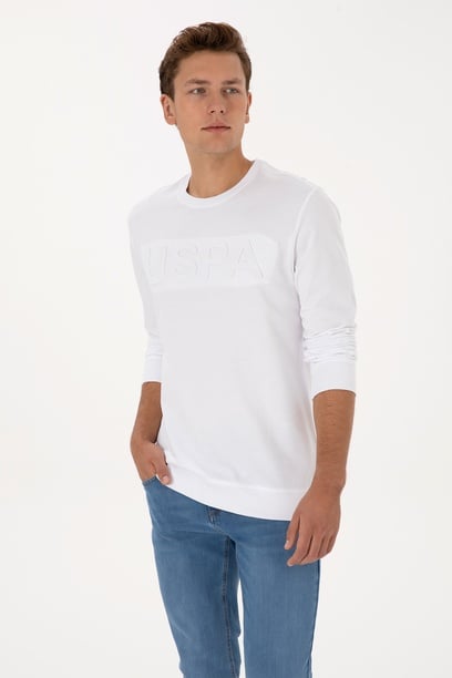 Erkek Regular Fit Bisiklet Yaka Beyaz Basic Sweatshirt