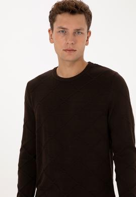 Erkek Regular Fit Bisiklet Yaka Koyu Kahverengi Kazak - 50307825024