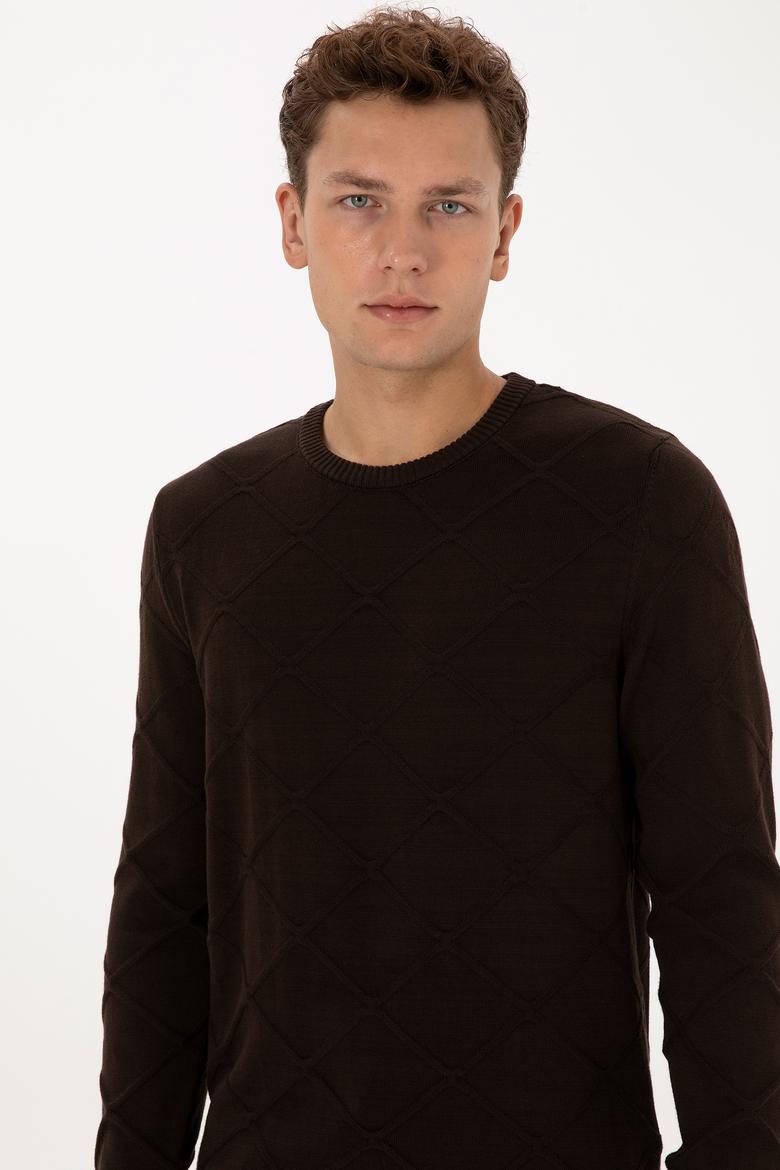 Erkek Regular Fit Bisiklet Yaka Koyu Kahverengi Kazak - 50307825024