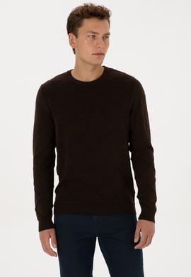 Erkek Regular Fit Bisiklet Yaka Koyu Kahverengi Kazak - 50307825024