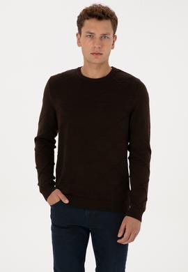 Erkek Regular Fit Bisiklet Yaka Koyu Kahverengi Kazak - 50307825024