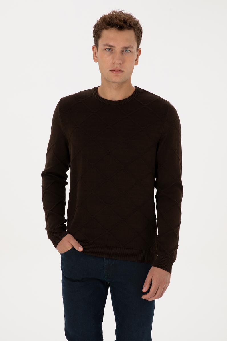 Erkek Regular Fit Bisiklet Yaka Koyu Kahverengi Kazak