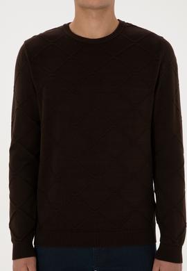 Erkek Regular Fit Bisiklet Yaka Koyu Kahverengi Kazak - 50307825024