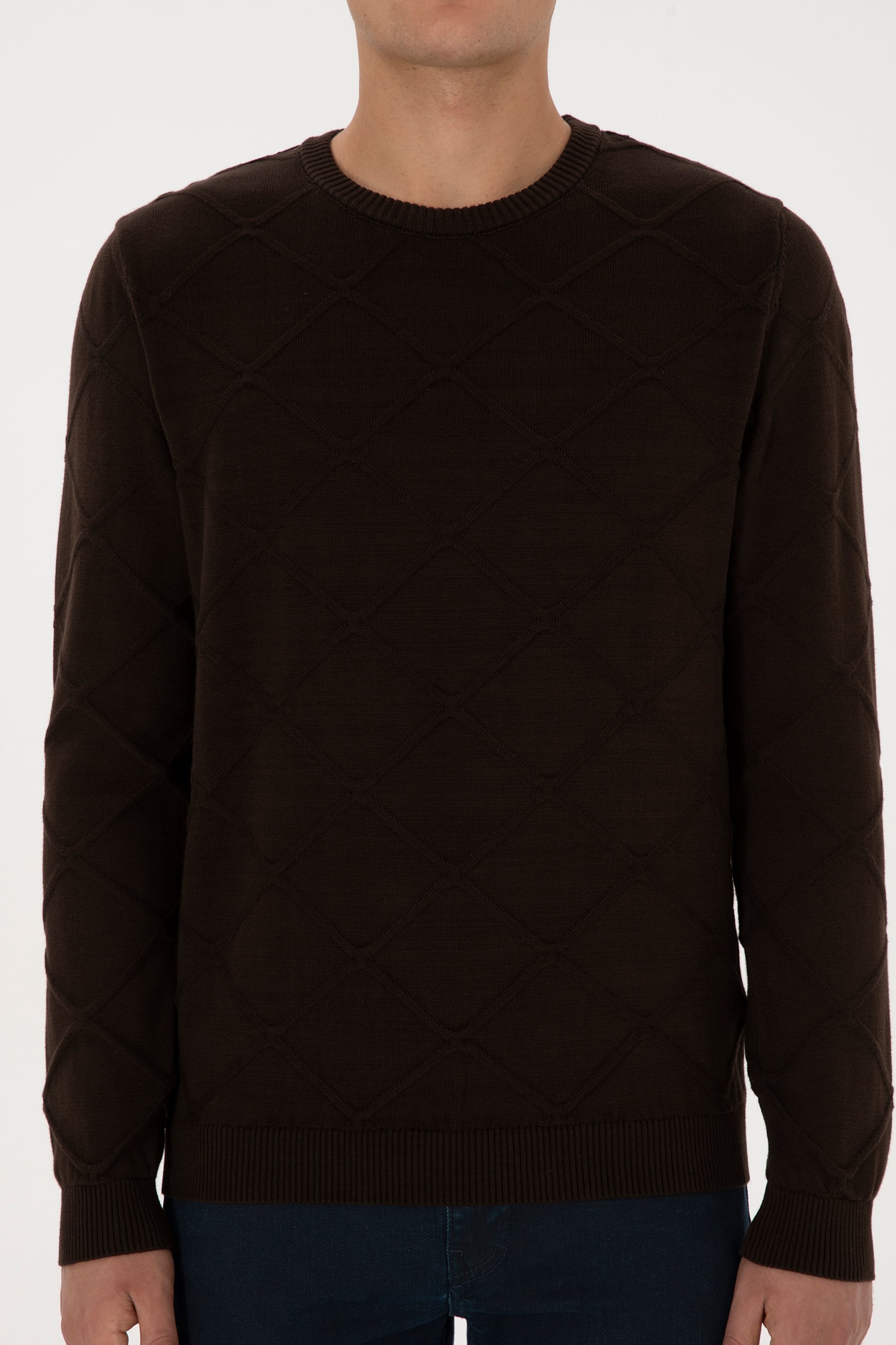 Erkek Regular Fit Bisiklet Yaka Koyu Kahverengi Kazak - Image 6