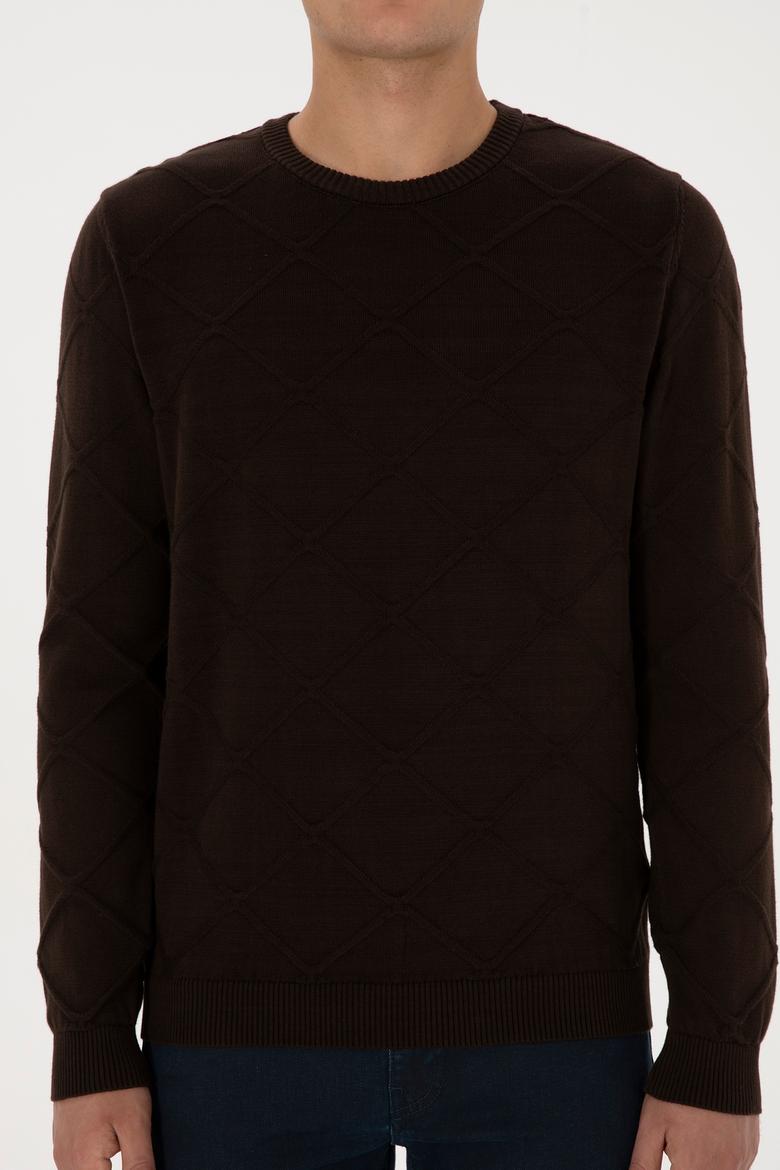 Erkek Regular Fit Bisiklet Yaka Koyu Kahverengi Kazak - 50307825024