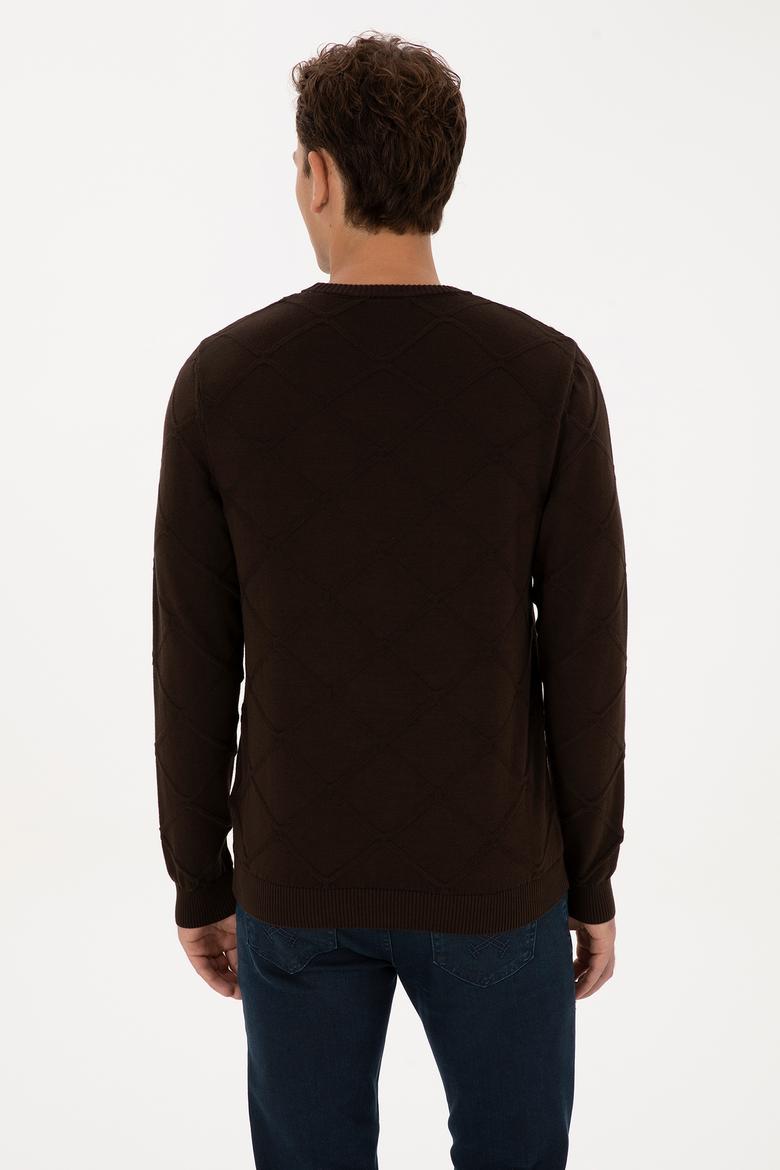 Erkek Regular Fit Bisiklet Yaka Koyu Kahverengi Kazak - 50307825024