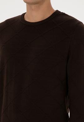 Erkek Regular Fit Bisiklet Yaka Koyu Kahverengi Kazak - 50307825024