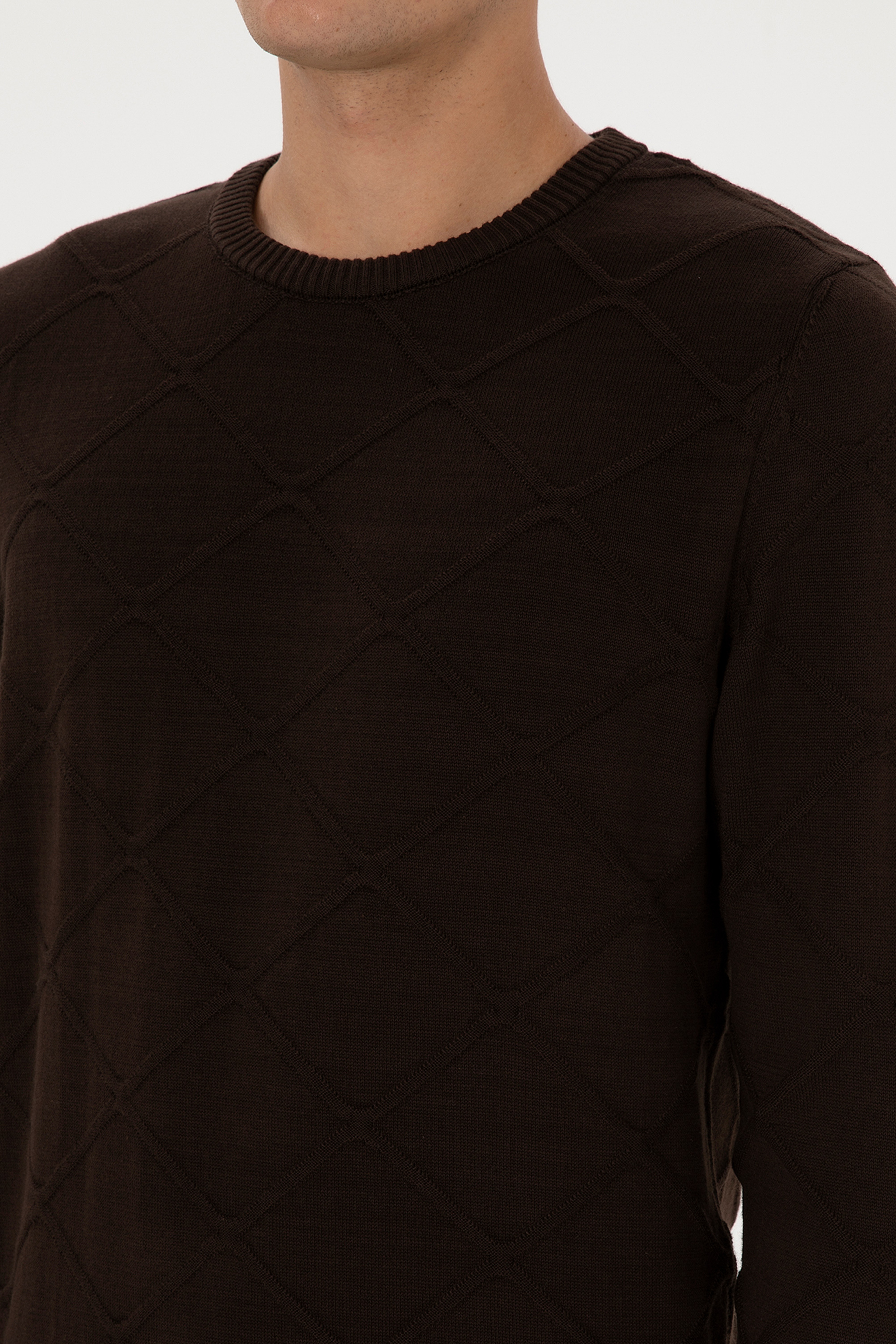 Erkek Regular Fit Bisiklet Yaka Koyu Kahverengi Kazak - Image 7