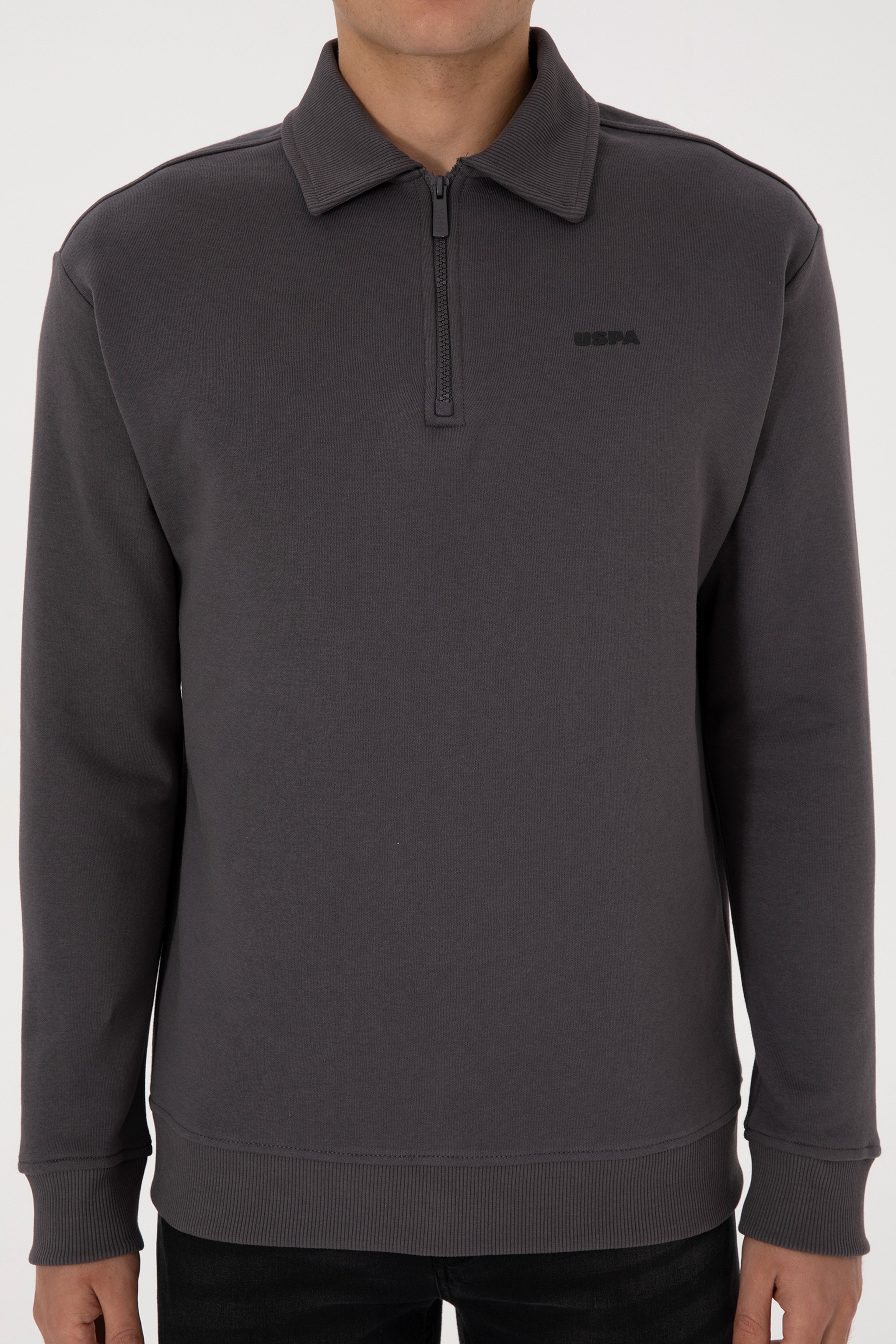 Erkek Regular Fit Yarım Fermuarlı Şardonlu Polo Yaka Antrasit Basic Sweatshirt - Image 6
