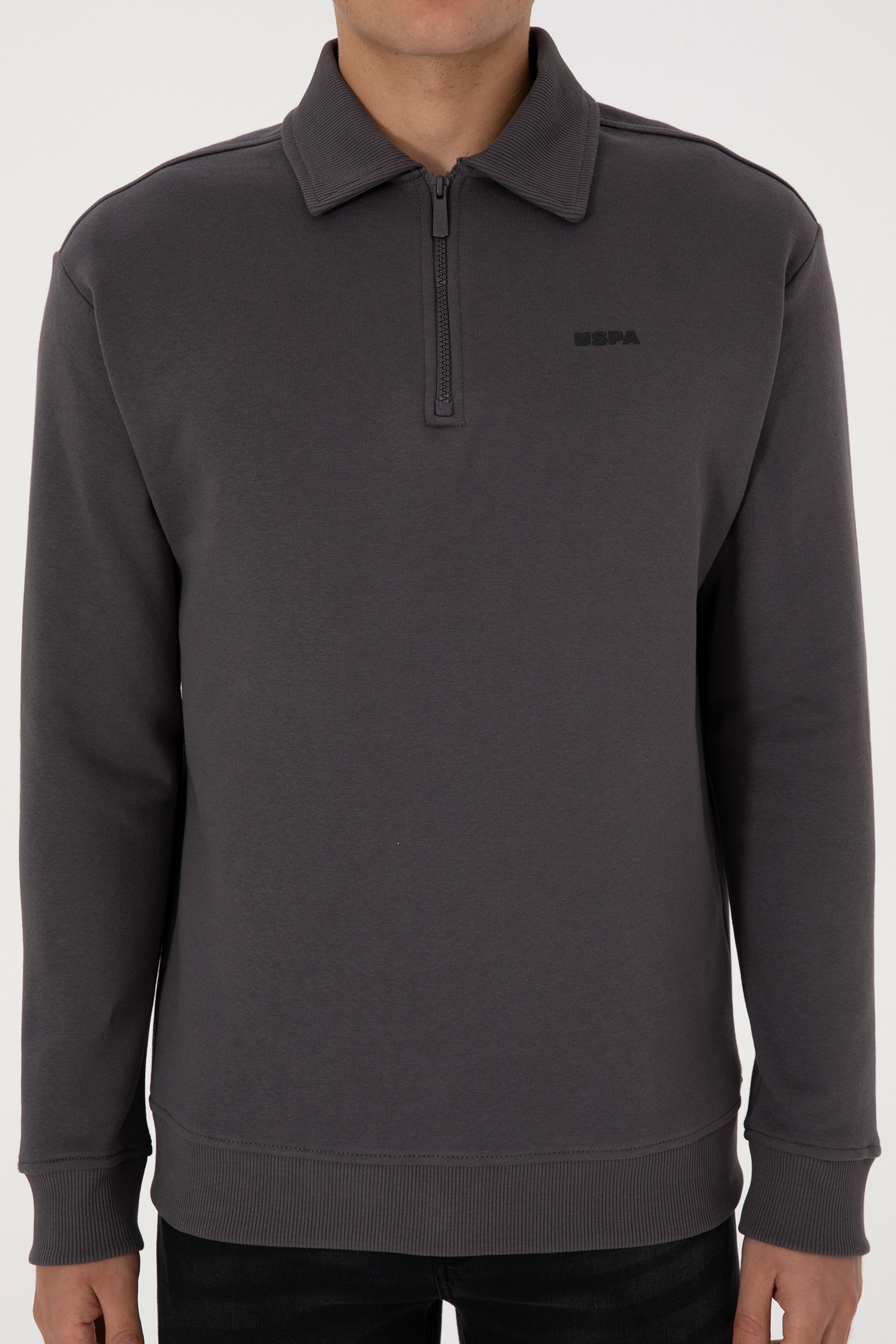 Erkek Regular Fit Yarım Fermuarlı Şardonlu Polo Yaka Antrasit Basic Sweatshirt