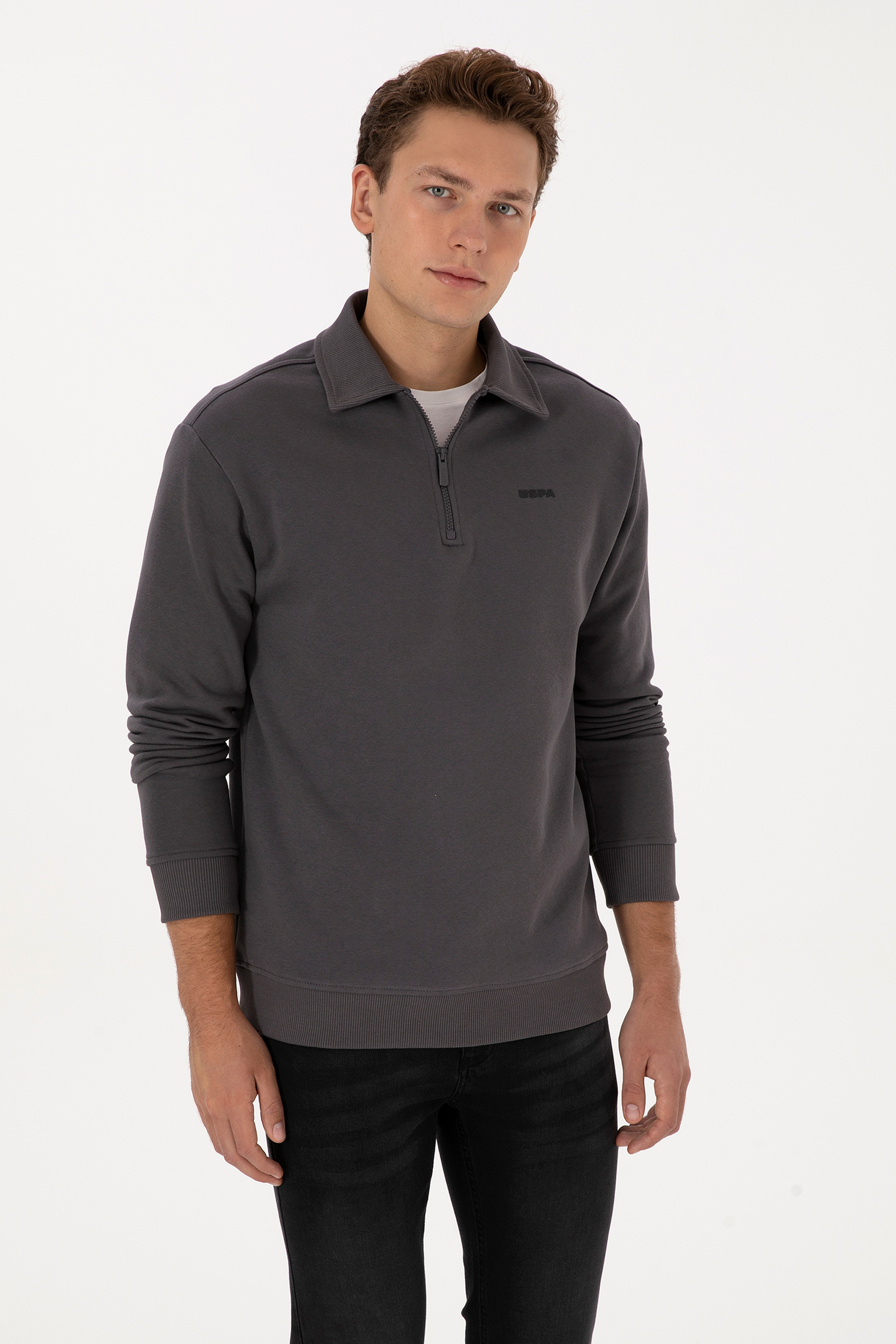 Erkek Regular Fit Yarım Fermuarlı Şardonlu Polo Yaka Antrasit Basic Sweatshirt