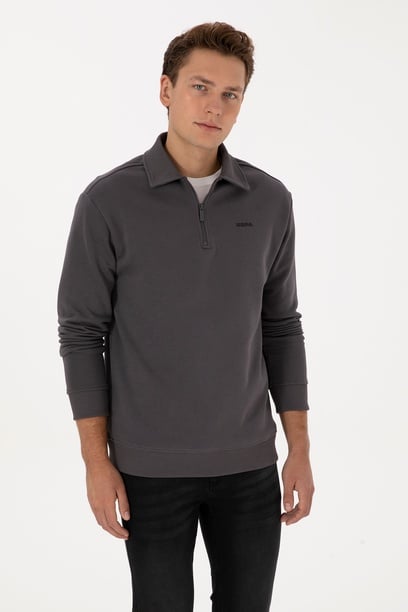 Erkek Regular Fit Yarım Fermuarlı Şardonlu Polo Yaka Antrasit Basic Sweatshirt