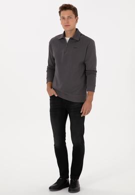Erkek Regular Fit Yarım Fermuarlı Şardonlu Antrasit Basic Sweatshirt - 50313783081
