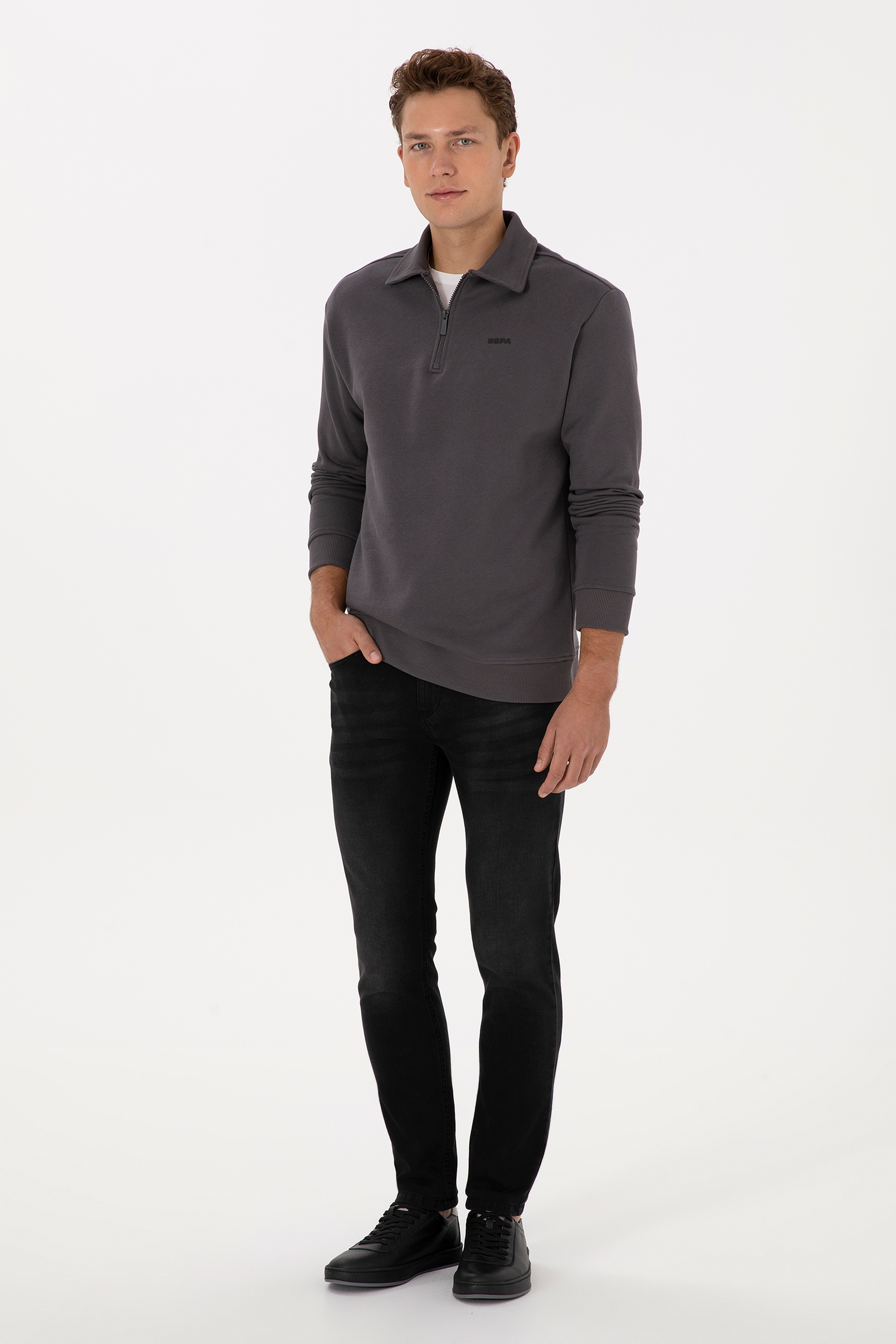 Erkek Regular Fit Yarım Fermuarlı Şardonlu Polo Yaka Antrasit Basic Sweatshirt - Image 4