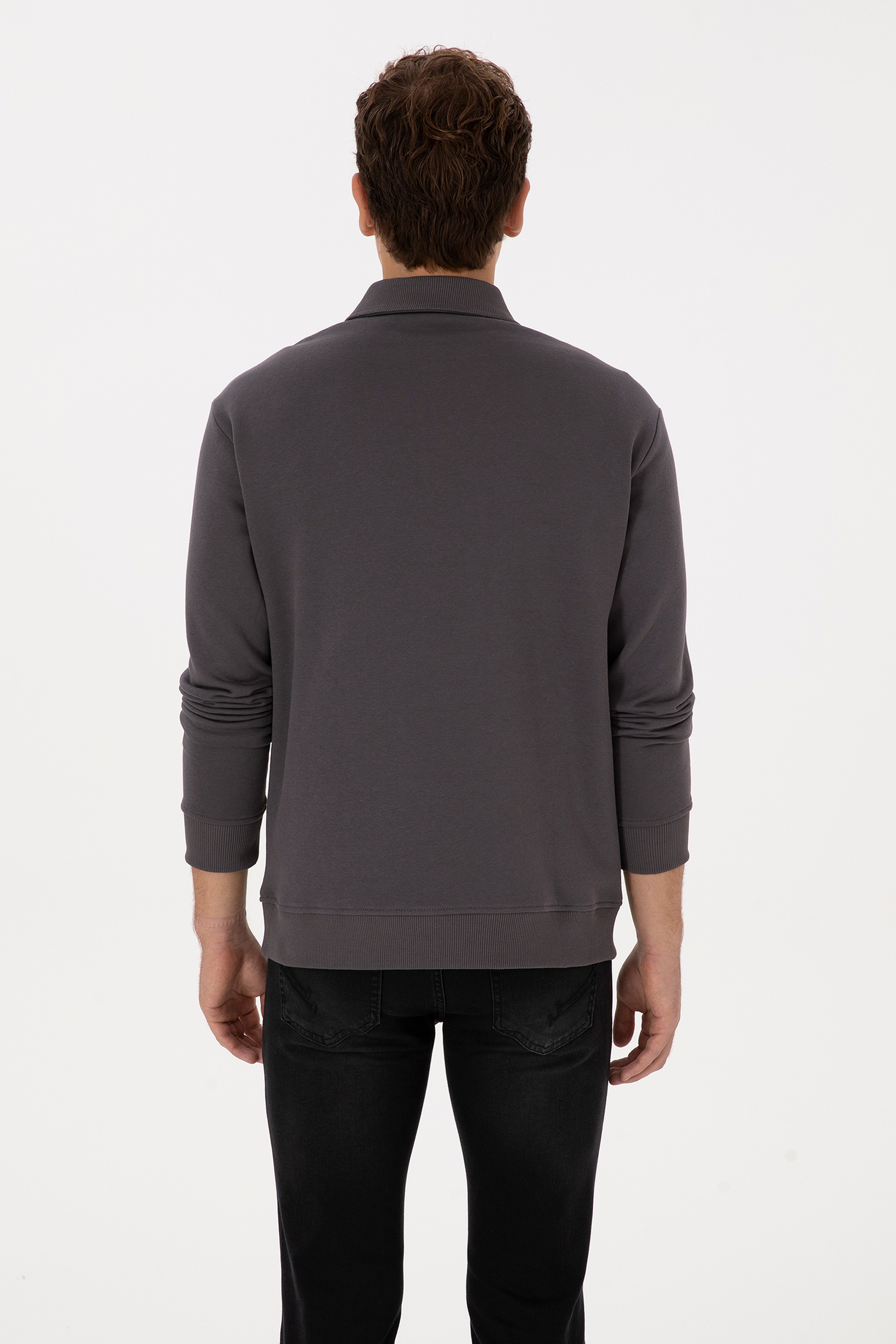 Erkek Regular Fit Yarım Fermuarlı Şardonlu Polo Yaka Antrasit Basic Sweatshirt - Image 5