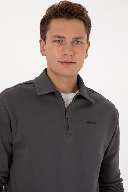 Erkek Regular Fit Yarım Fermuarlı Şardonlu Polo Yaka Antrasit Basic Sweatshirt