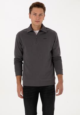 Erkek Regular Fit Yarım Fermuarlı Şardonlu Antrasit Basic Sweatshirt - 50313783081
