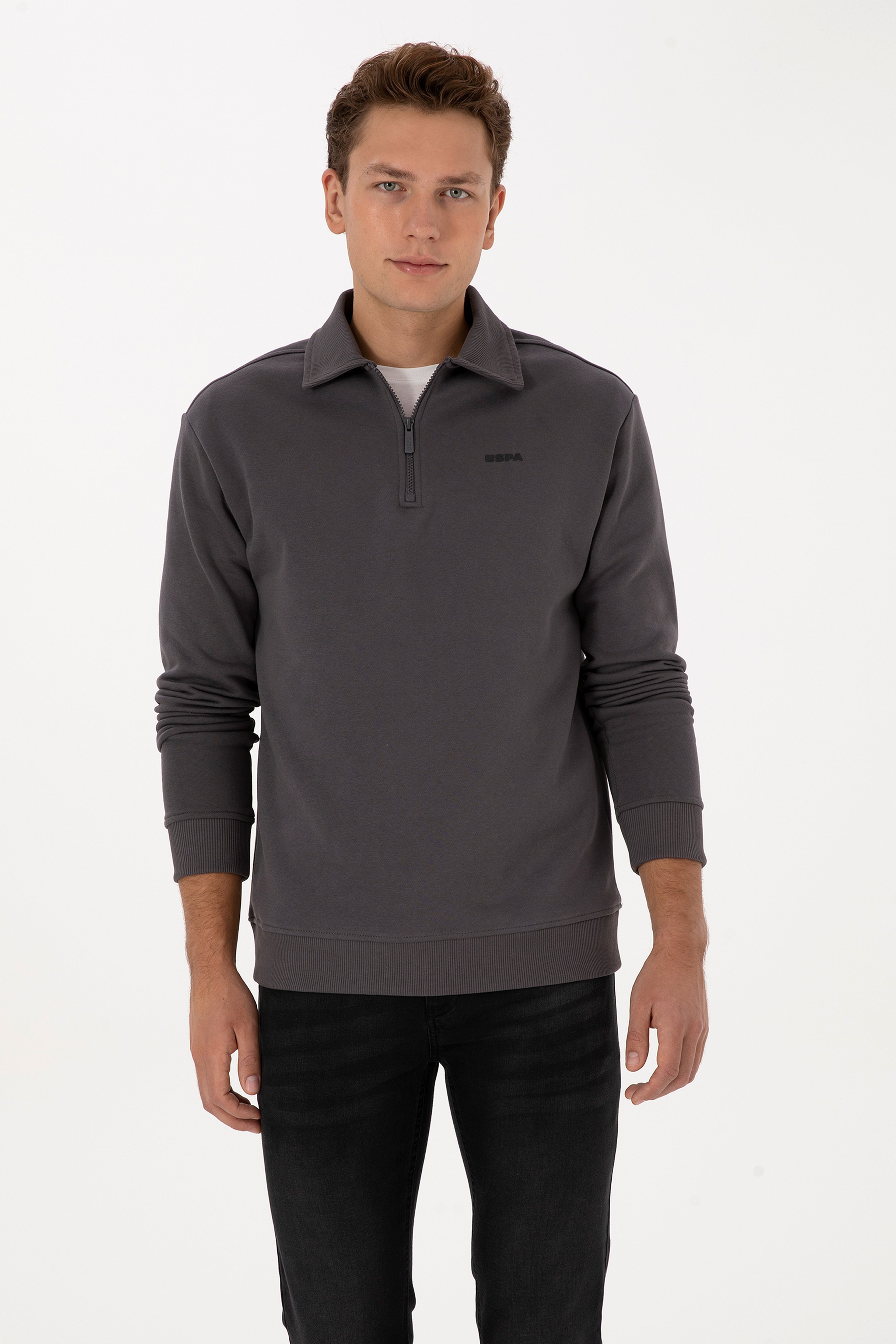 Erkek Regular Fit Yarım Fermuarlı Şardonlu Polo Yaka Antrasit Basic Sweatshirt - Image 3