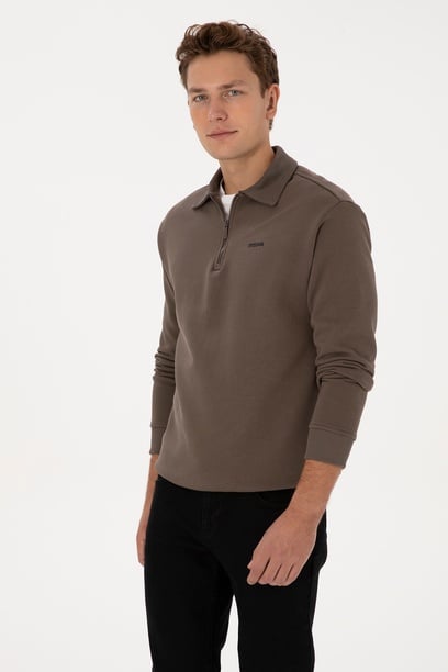 Erkek Regular Fit Yarım Fermuarlı Şardonlu Polo Yaka Vizon Basic Sweatshirt