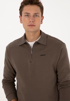 Erkek Regular Fit Yarım Fermuarlı Vizon Basic Sweatshirt - 50313783048