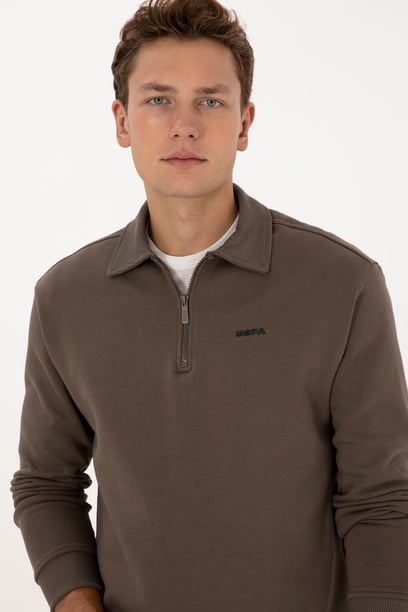 Erkek Regular Fit Yarım Fermuarlı Şardonlu Polo Yaka Vizon Basic Sweatshirt