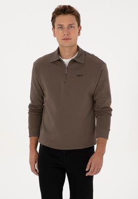 Erkek Regular Fit Yarım Fermuarlı Vizon Basic Sweatshirt - 50313783048