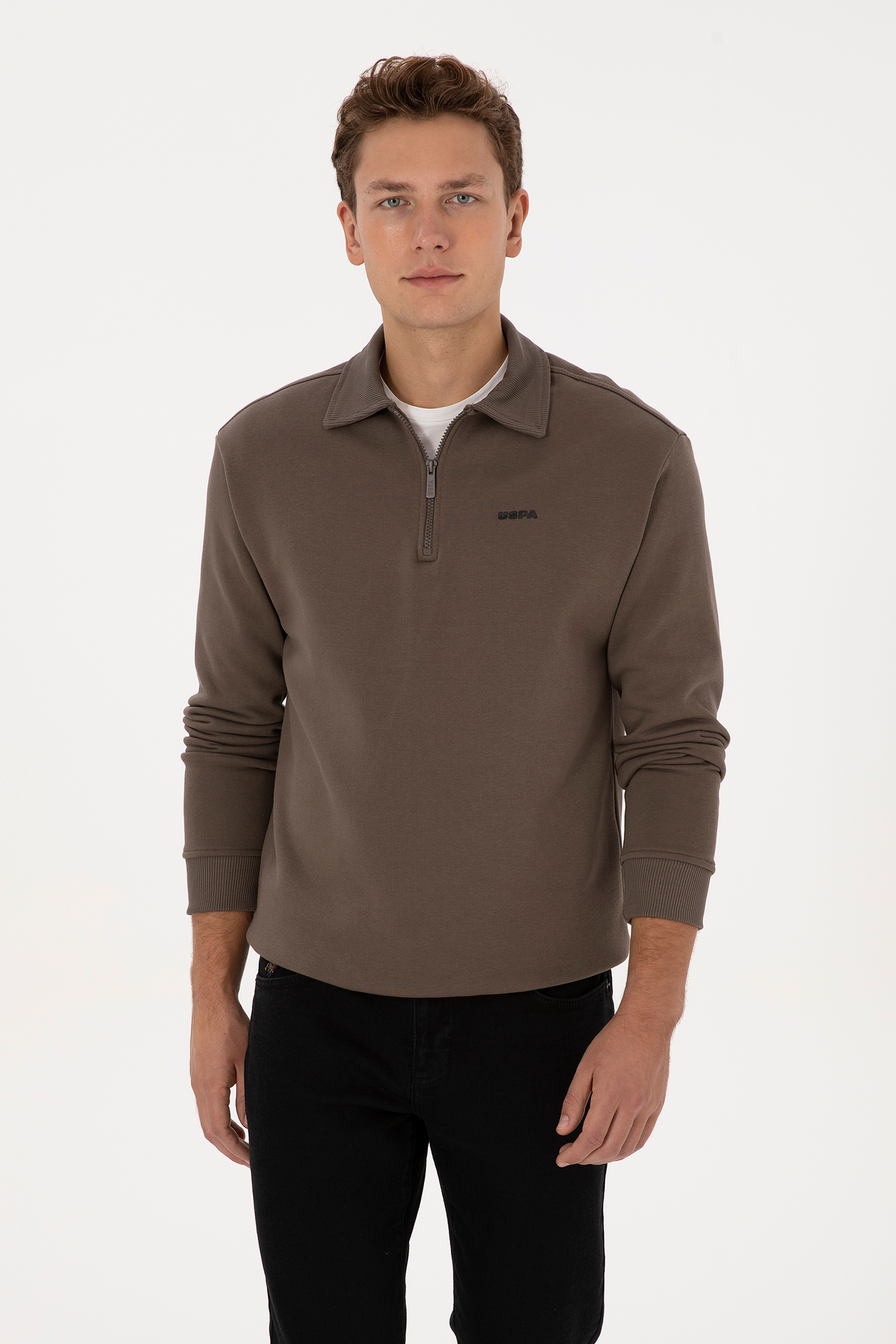 Erkek Regular Fit Yarım Fermuarlı Şardonlu Polo Yaka Vizon Basic Sweatshirt - Image 1