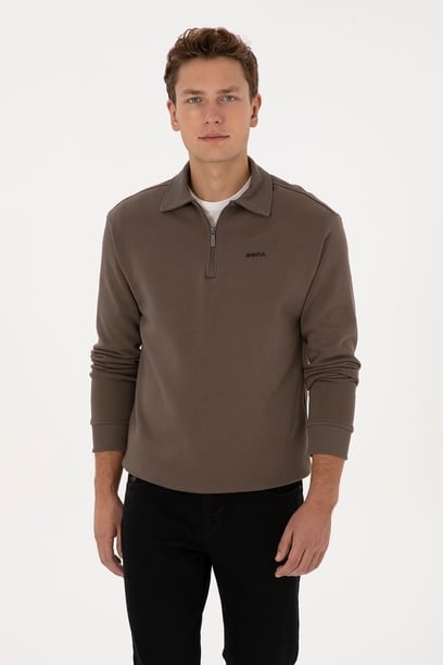 Erkek Regular Fit Yarım Fermuarlı Şardonlu Polo Yaka Vizon Basic Sweatshirt