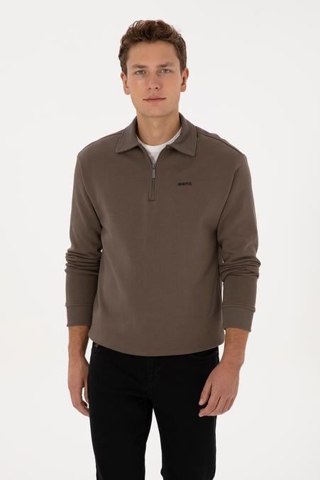 Erkek Regular Fit Yarım Fermuarlı Vizon Basic Sweatshirt