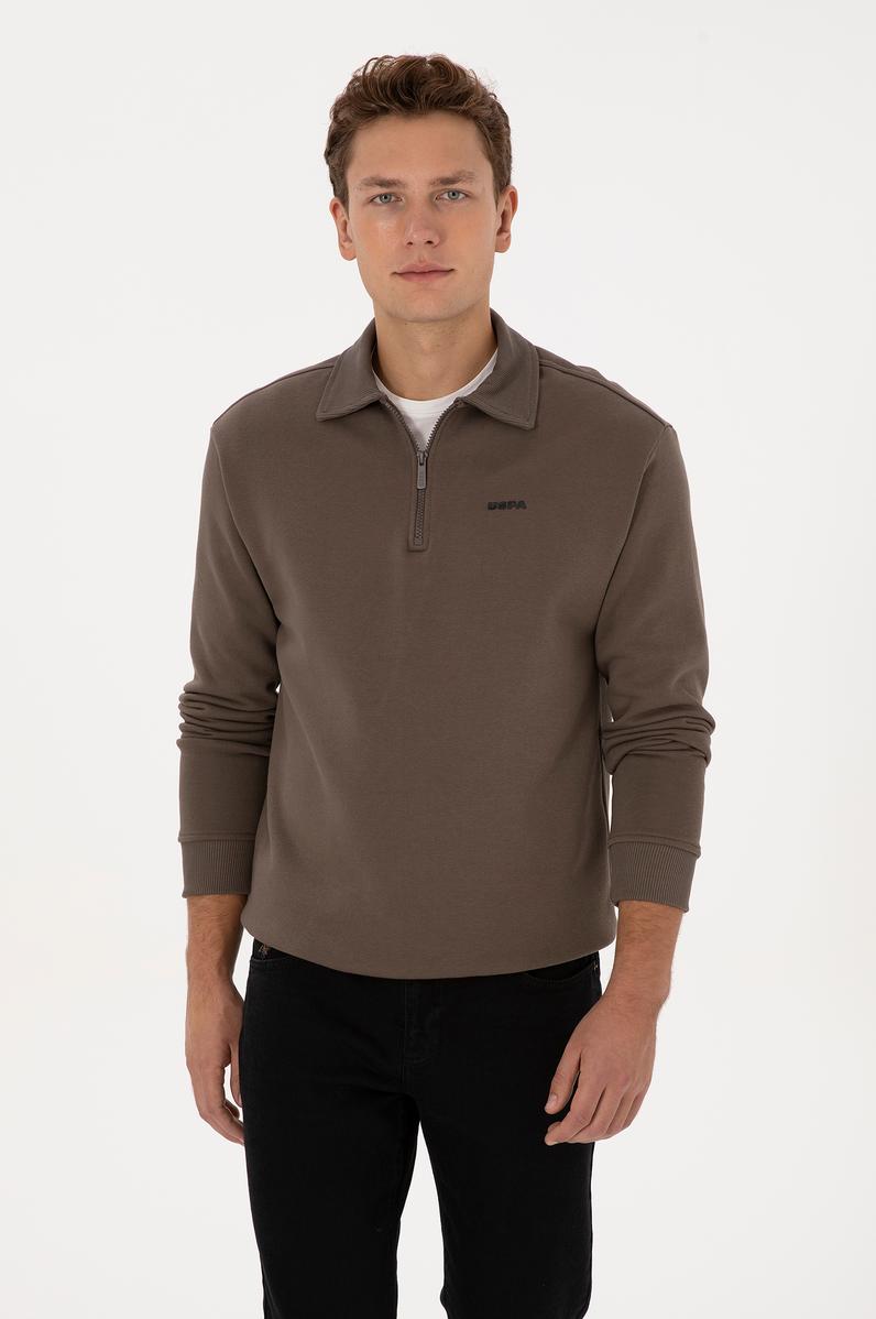 Erkek Regular Fit Yarım Fermuarlı Vizon Basic Sweatshirt