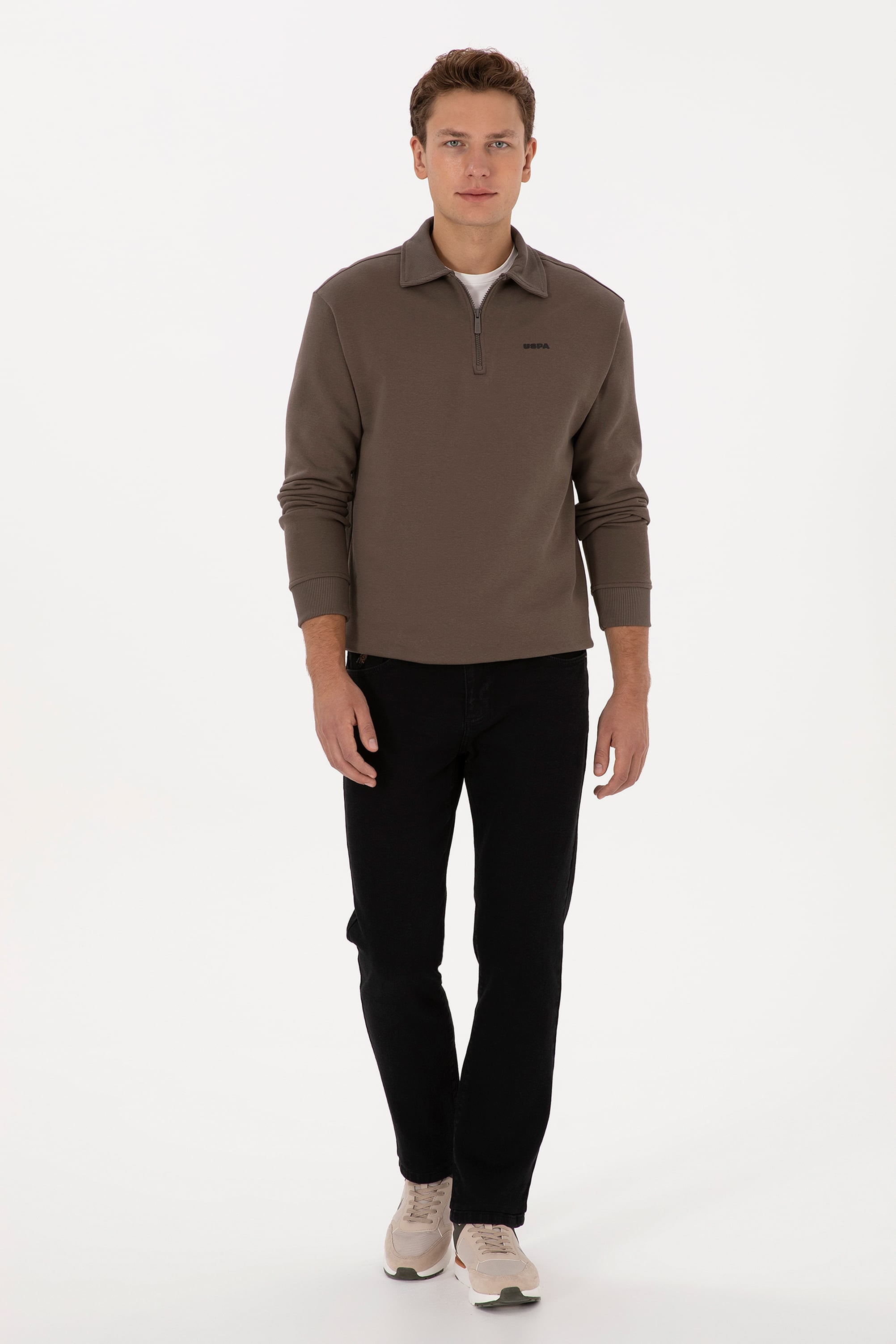 Erkek Regular Fit Yarım Fermuarlı Şardonlu Polo Yaka Vizon Basic Sweatshirt