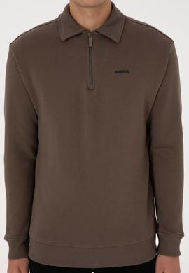 Erkek Regular Fit Yarım Fermuarlı Vizon Basic Sweatshirt - 50313783048