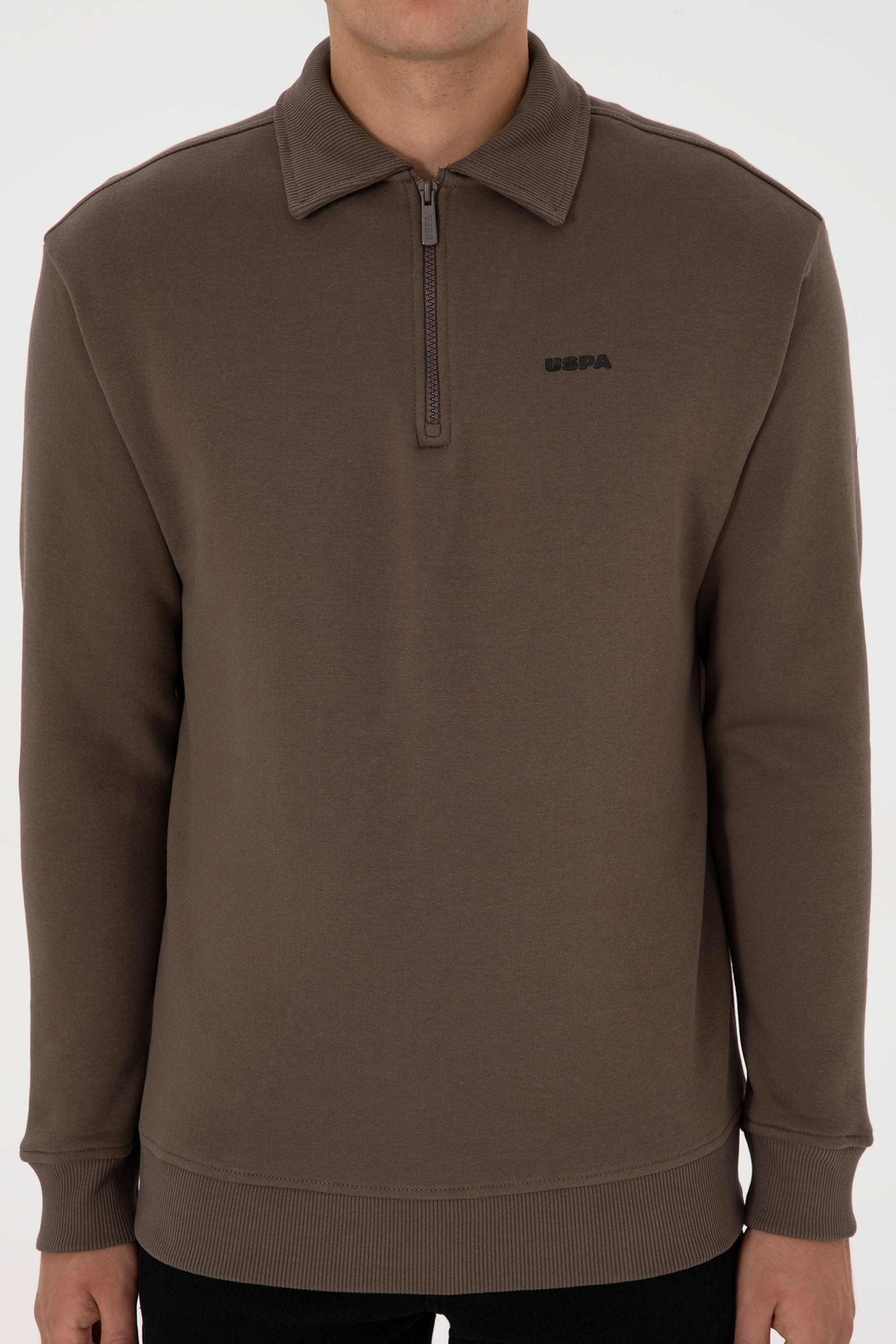 Erkek Regular Fit Yarım Fermuarlı Şardonlu Polo Yaka Vizon Basic Sweatshirt