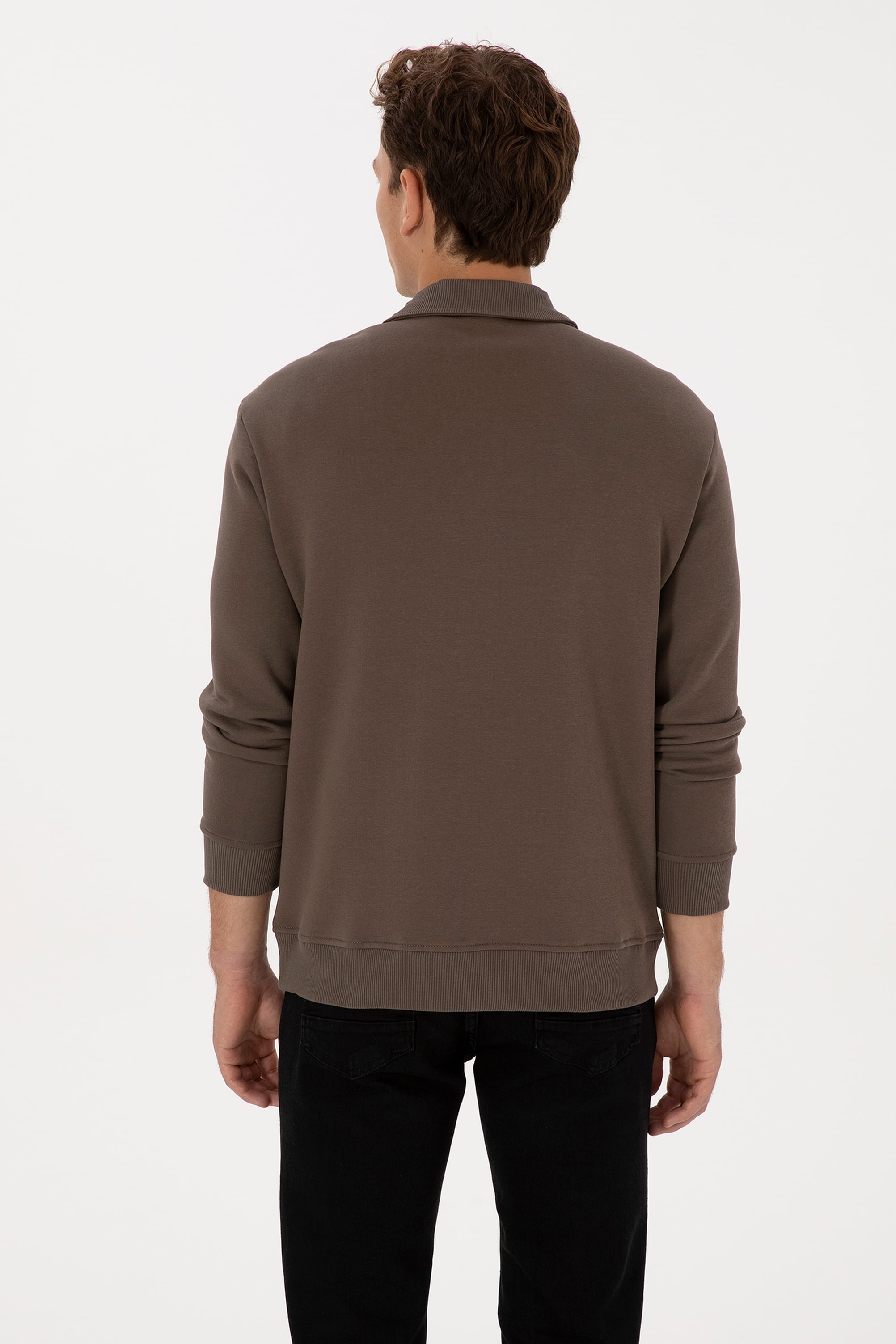 Erkek Regular Fit Yarım Fermuarlı Şardonlu Polo Yaka Vizon Basic Sweatshirt