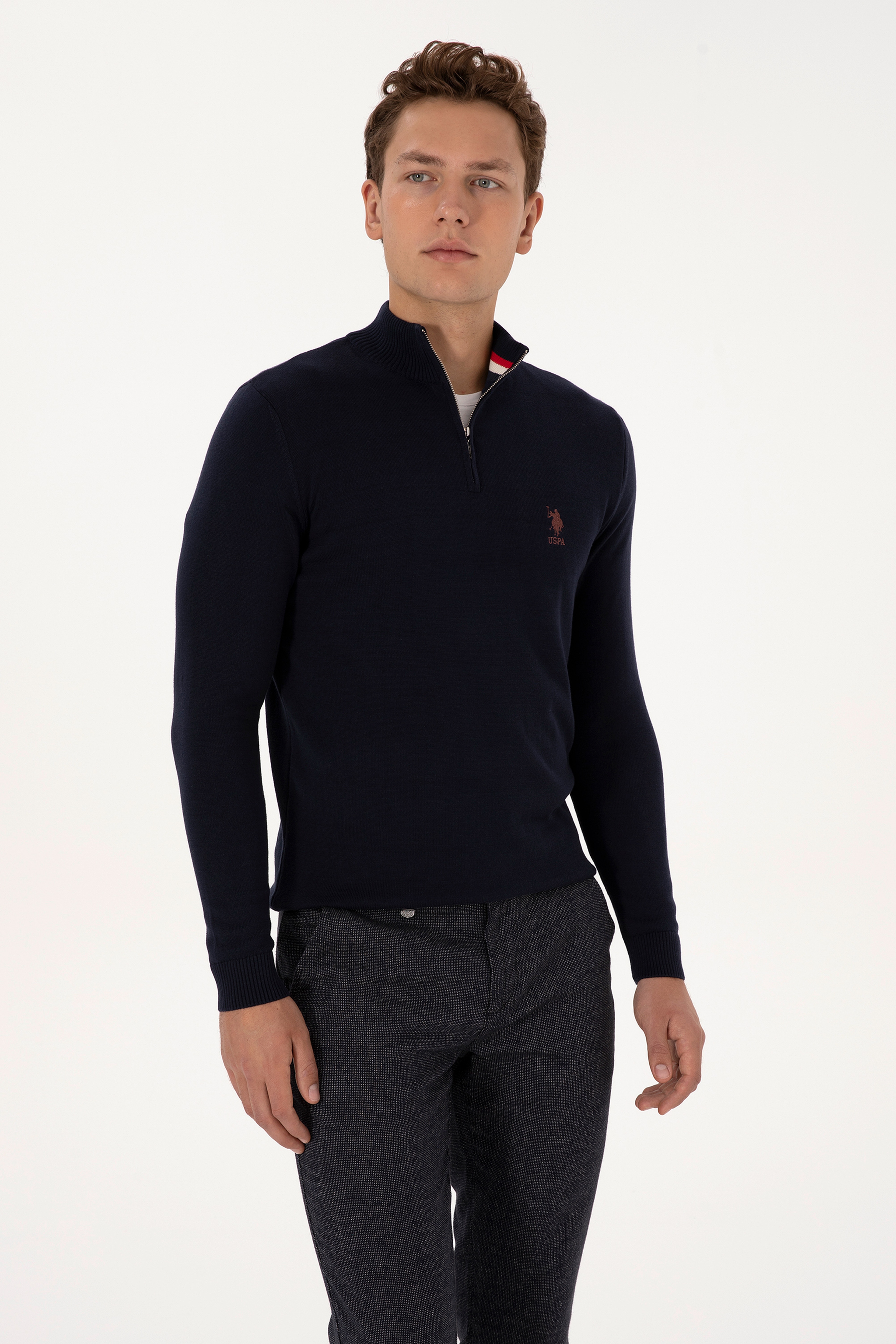 Erkek Slim Fit Yarım Fermuarlı Lacivert Kazak - Image 3