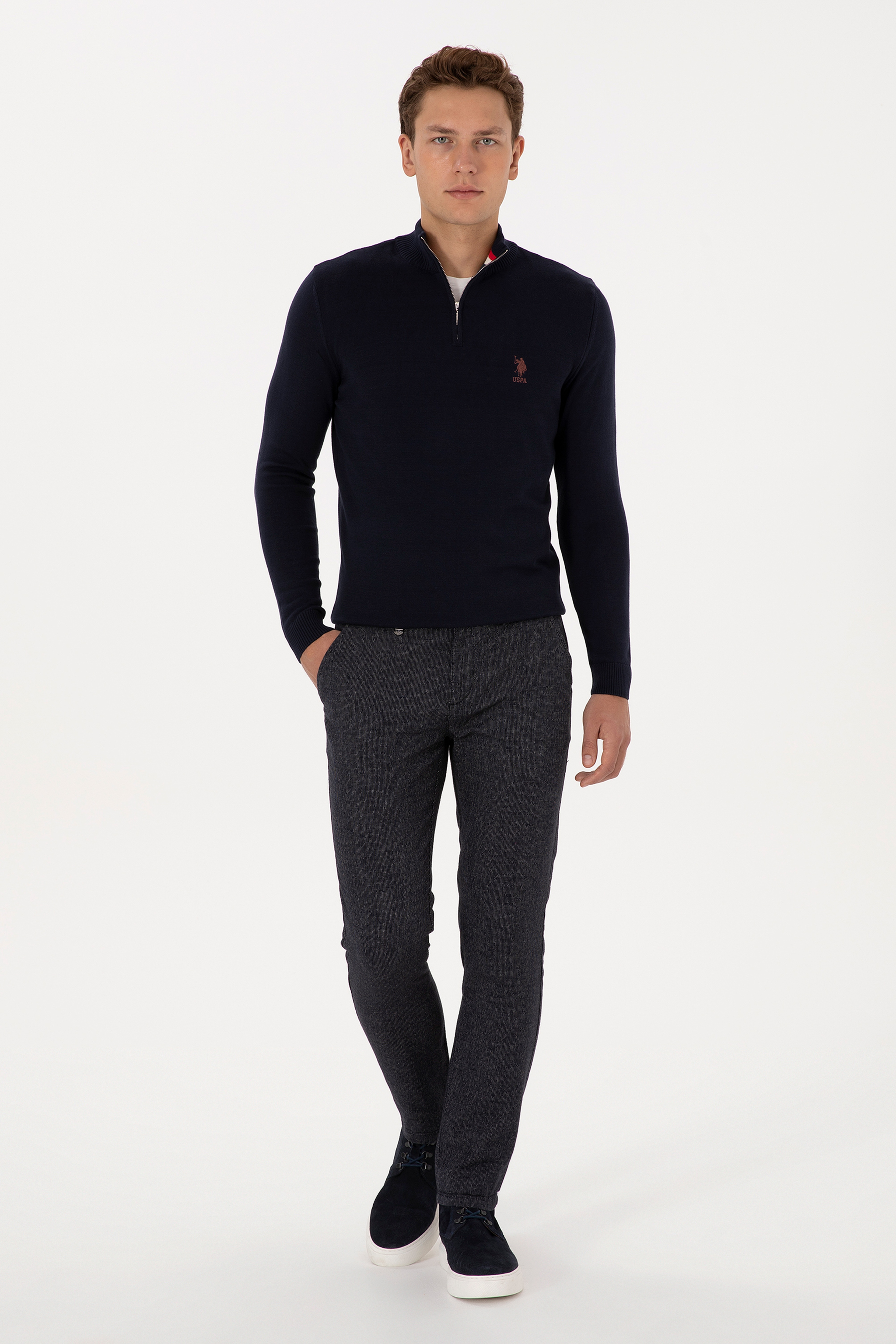 Erkek Slim Fit Yarım Fermuarlı Lacivert Kazak