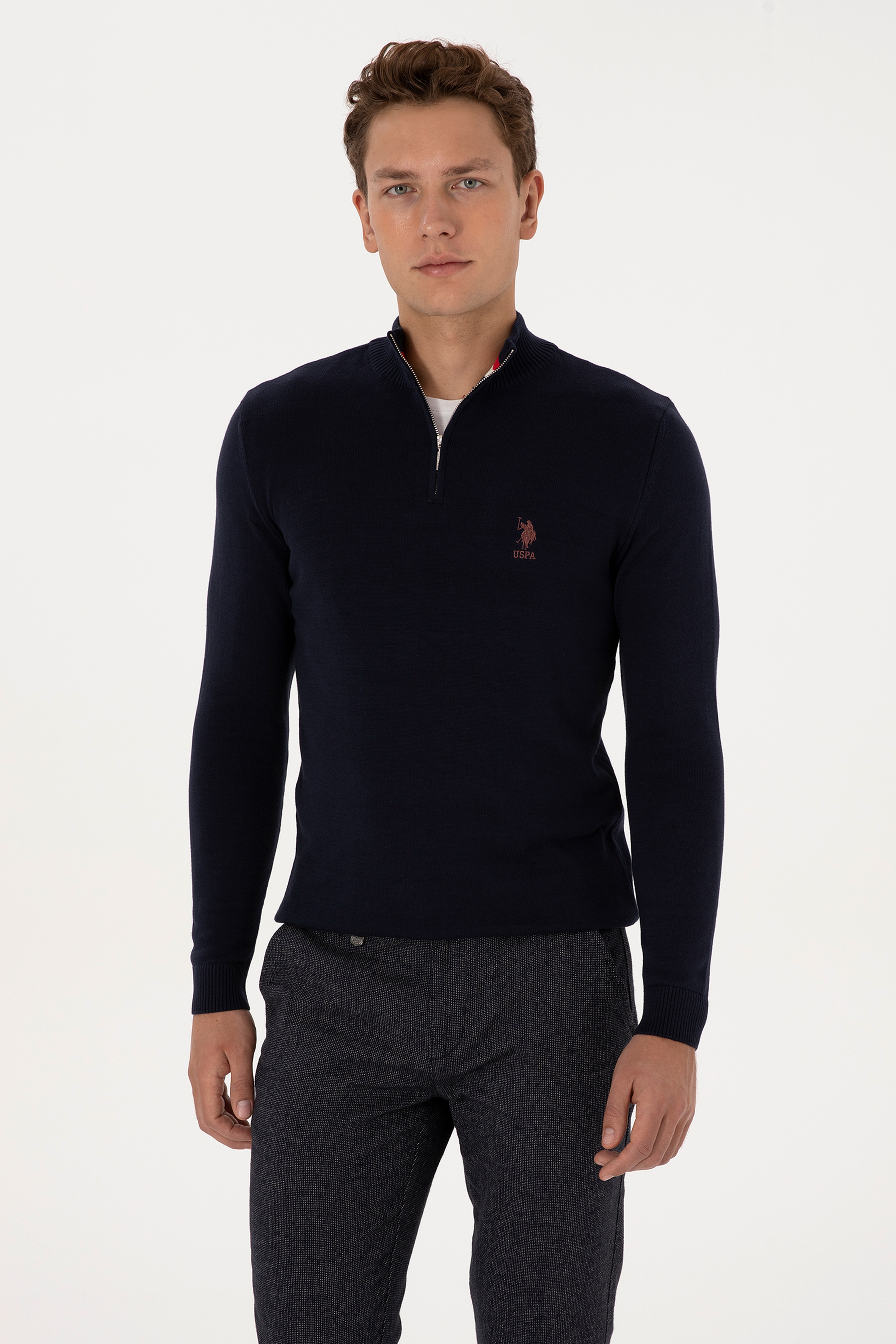 Erkek Slim Fit Yarım Fermuarlı Lacivert Kazak - Image 1