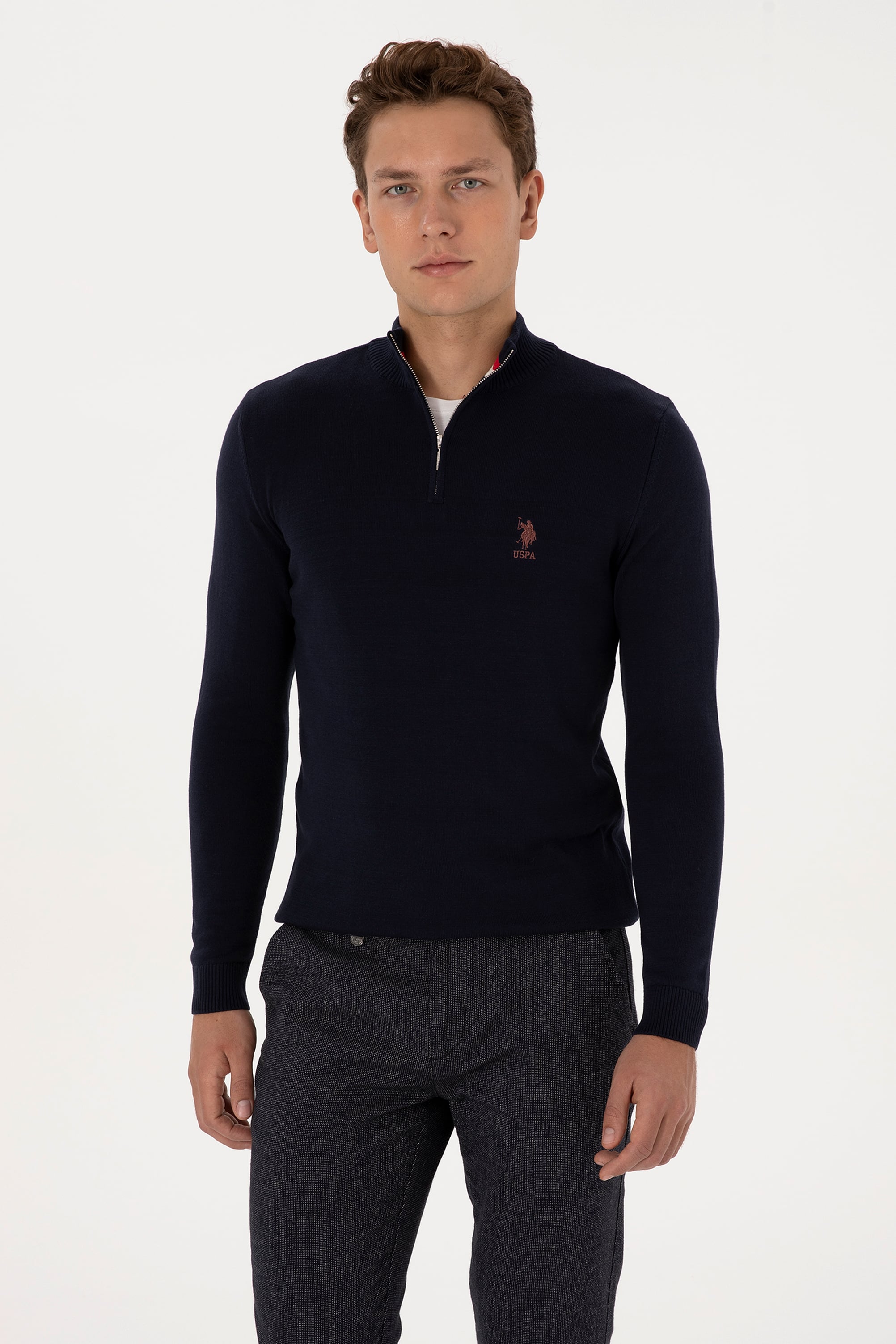 Erkek Slim Fit Yarım Fermuarlı Lacivert Kazak