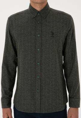 Erkek Koyu Yeşil Uzun Kollu Çizgili Gömlek - 50316559032