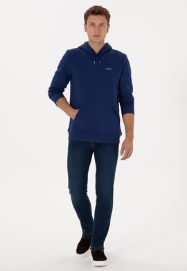 Erkek Regular Fit Kapüşonlu Şardonlu İndigo Basic Sweatshirt - 50315582028