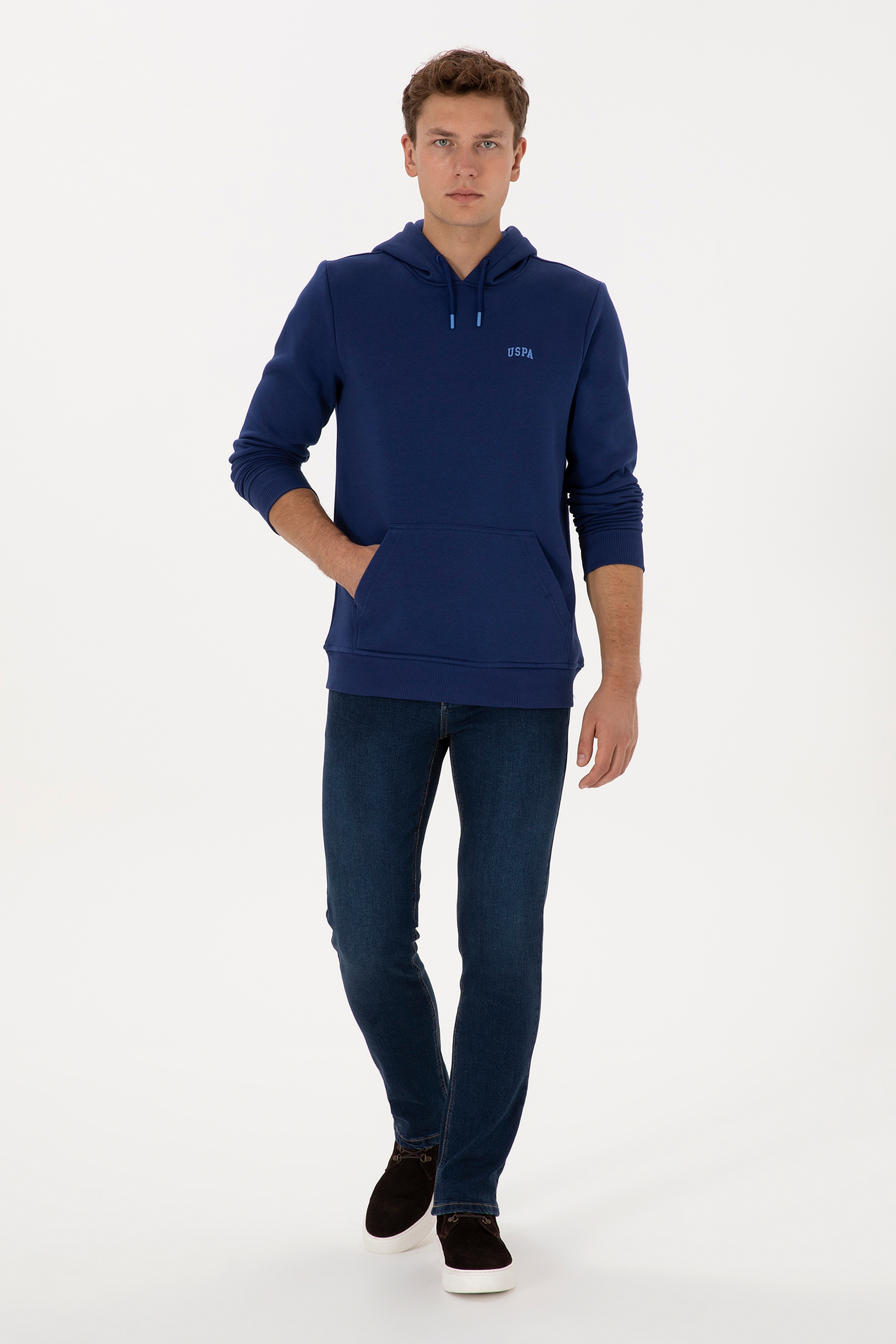 Erkek Regular Fit Kapüşonlu Şardonlu İndigo Basic Sweatshirt - Image 4