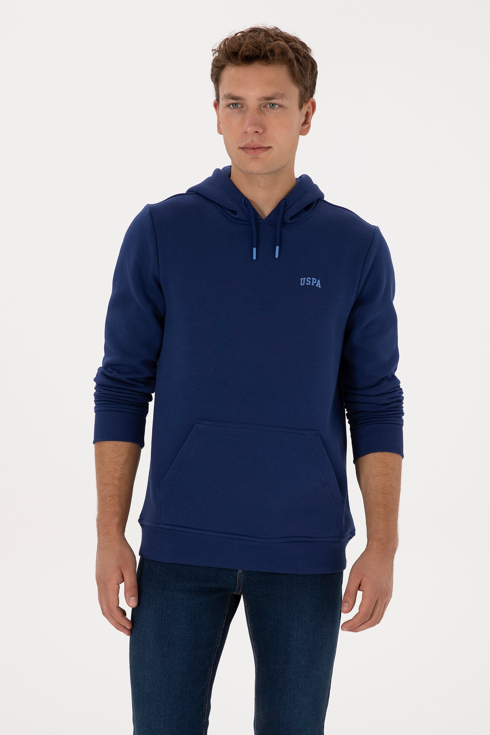 Erkek Regular Fit Kapüşonlu Şardonlu İndigo Basic Sweatshirt - Image 3