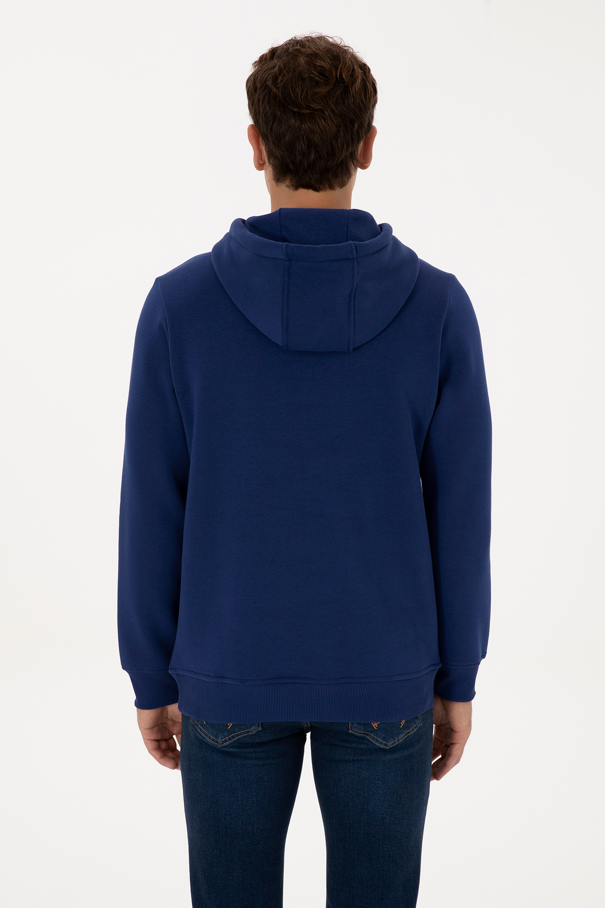 Erkek Regular Fit Kapüşonlu Şardonlu İndigo Basic Sweatshirt - Image 5