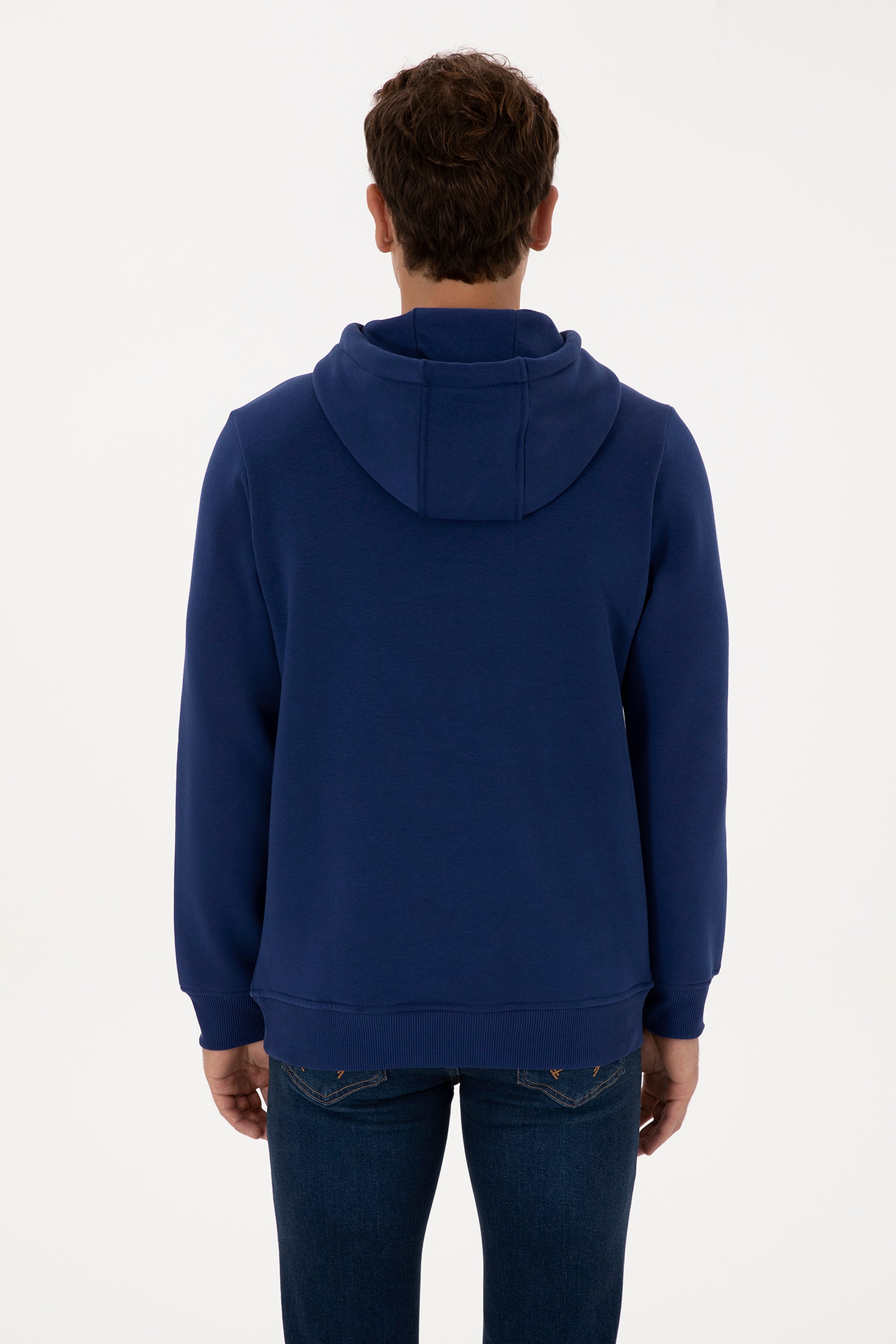 Erkek Regular Fit Kapüşonlu Şardonlu İndigo Basic Sweatshirt