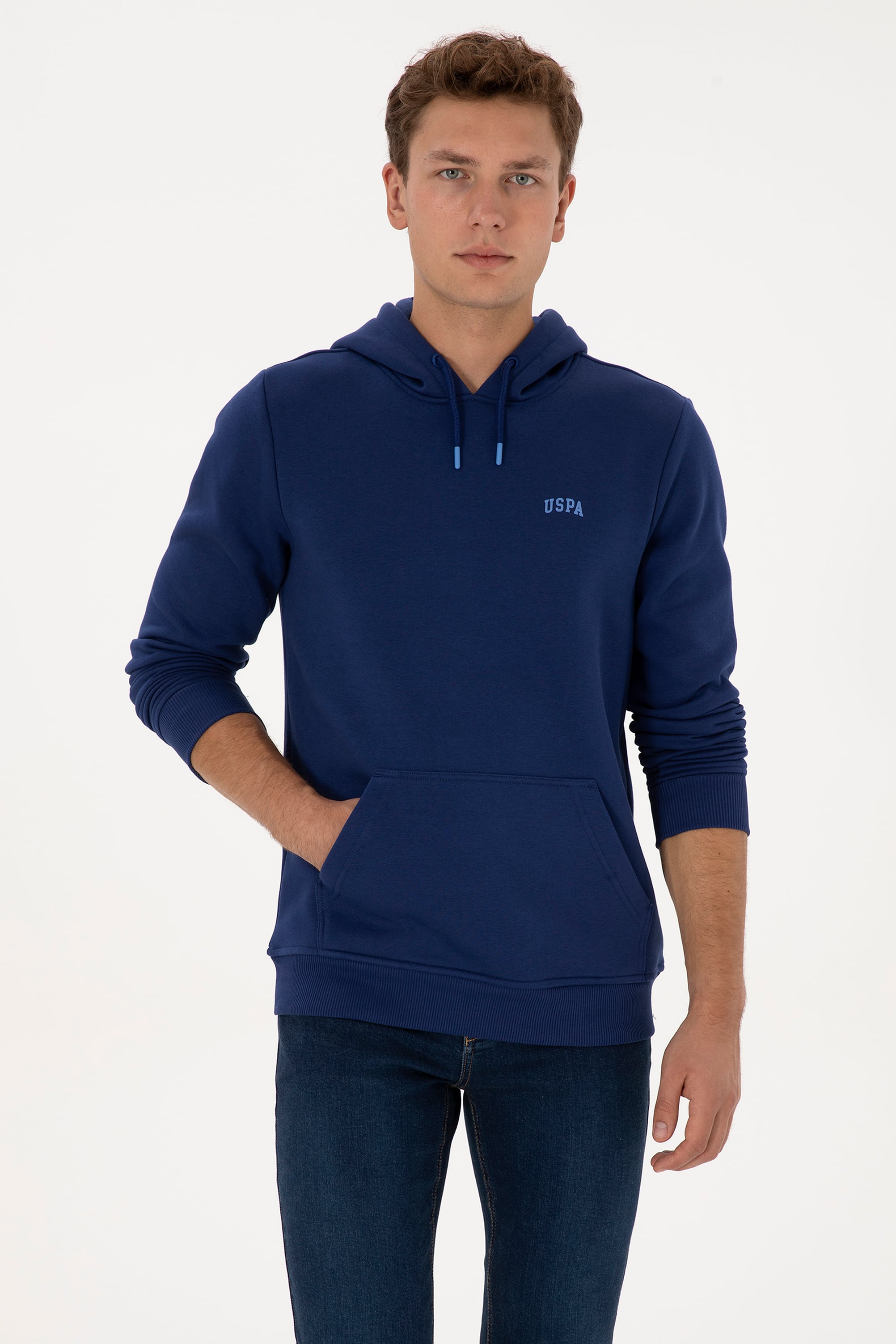 Erkek Regular Fit Kapüşonlu Şardonlu İndigo Basic Sweatshirt - Image 1