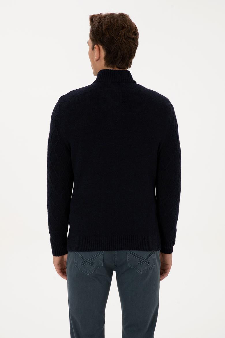 Erkek Regular Fit Yarım Fermuarlı Desenli Lacivert Kazak - 50315035010